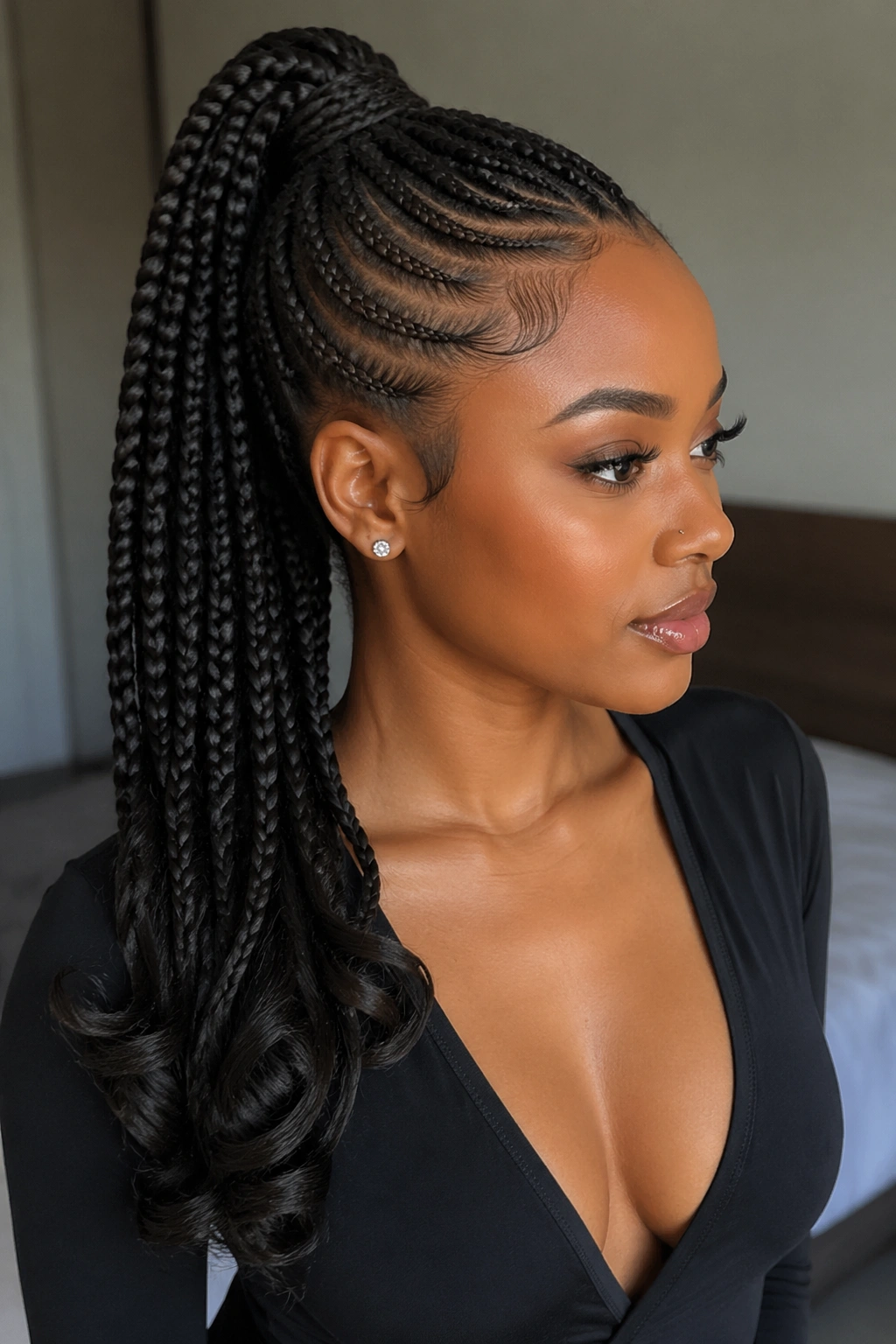 Close-up of a woman with braided ponytail and curved ends