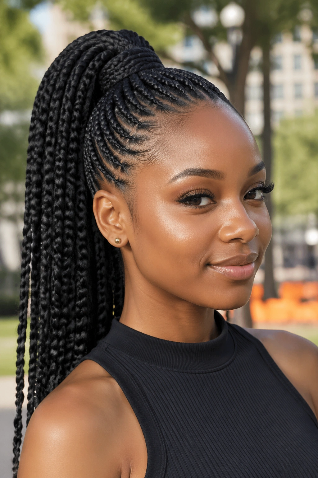 Close-up of a real woman with a high braided ponytail hairstyle