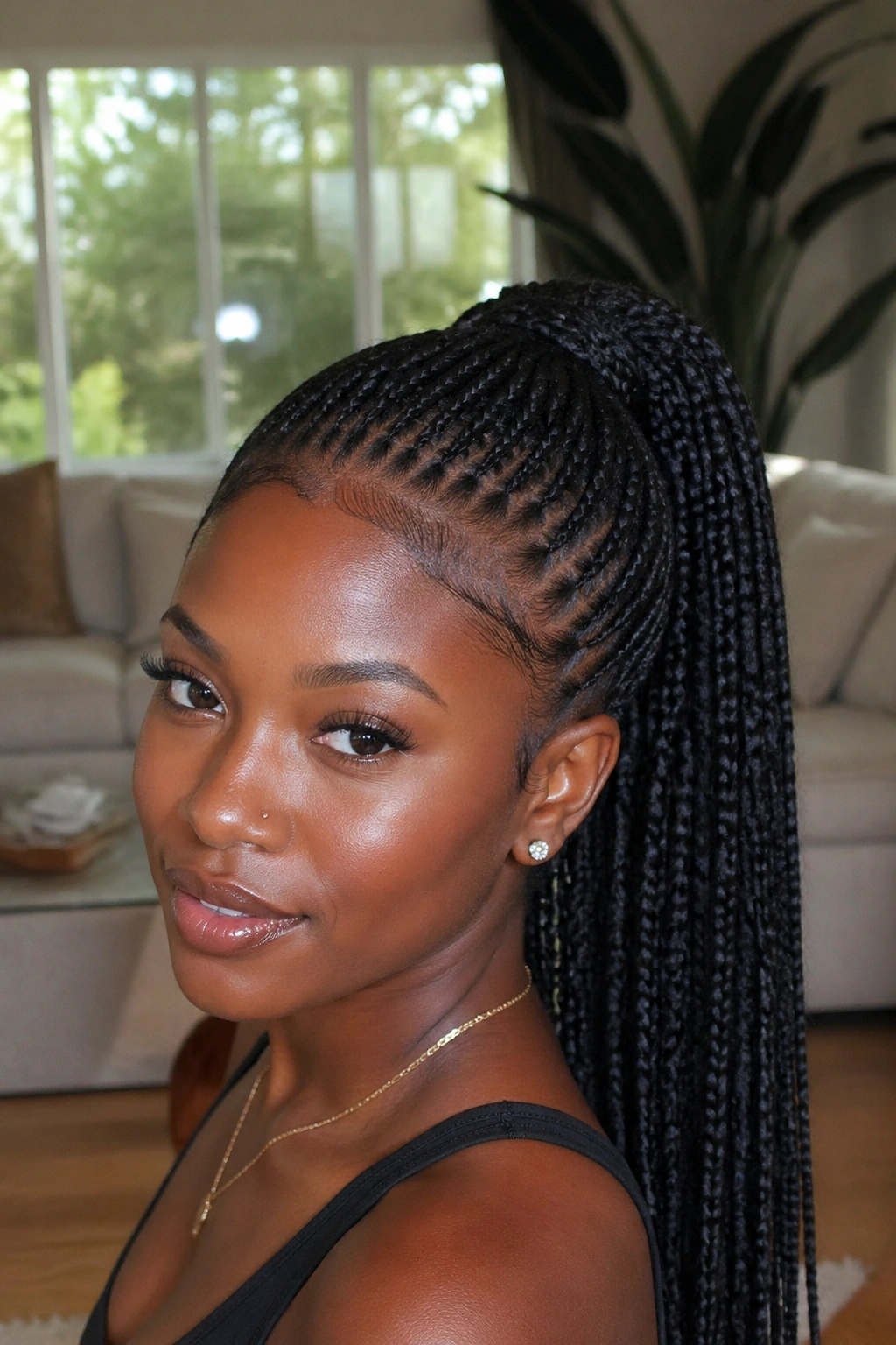 Close-up of a real woman with a high braided ponytail, showcasing neat braids and a lifted silhouette