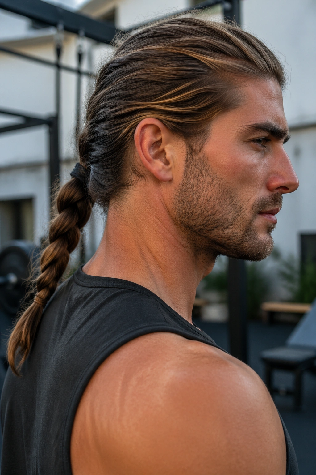 Close-up portrait of a man with a braided ponytail