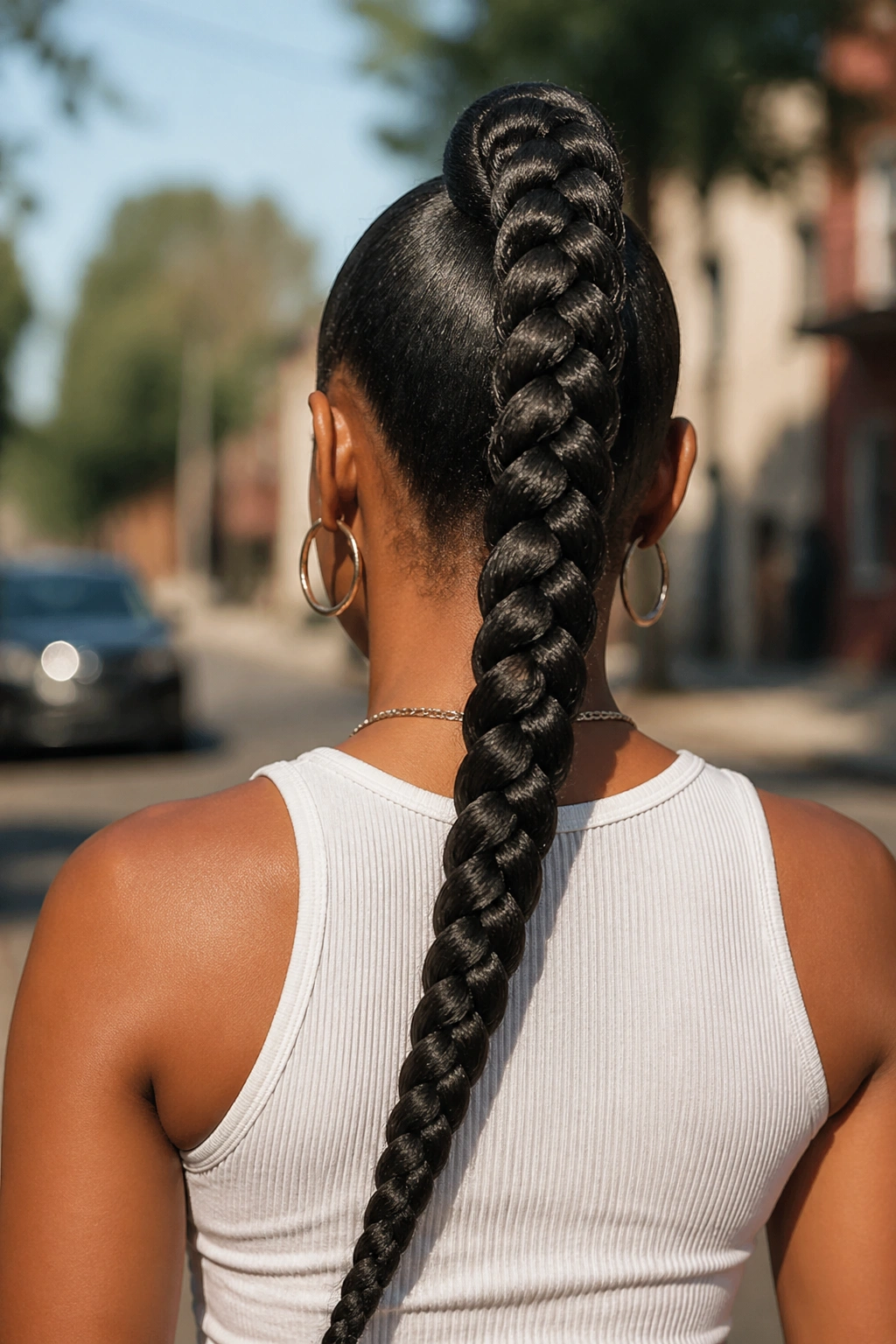Back-of-head portrait showing a high braided ponytail on a real person.