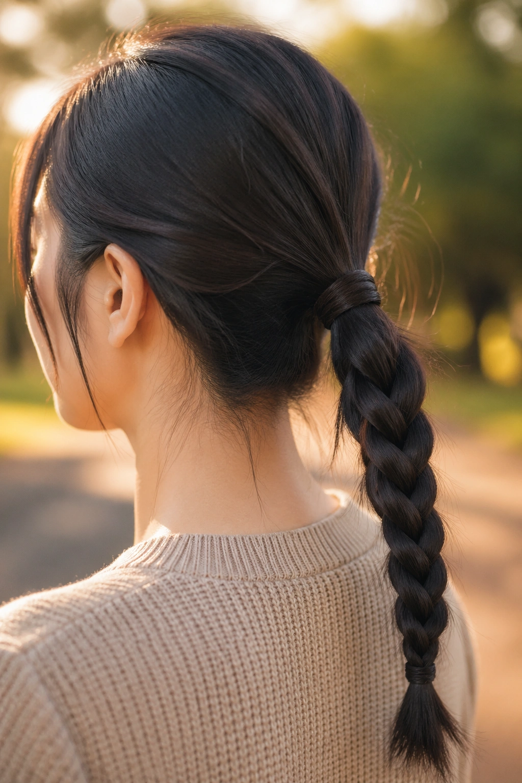 Close-up of a braided ponytail on a real woman in golden hour light