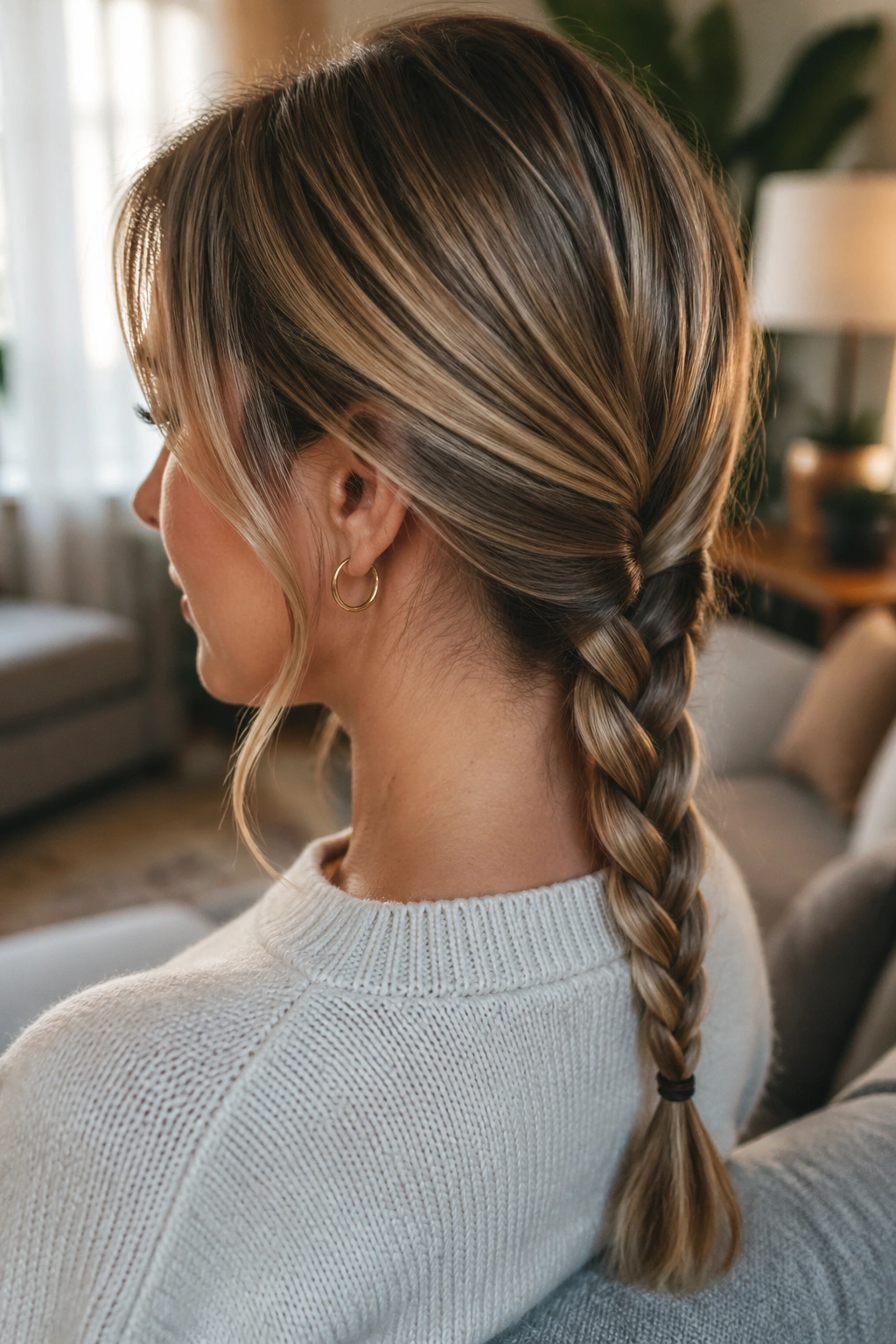 Close-up of a real woman with a low braided ponytail in warm natural light