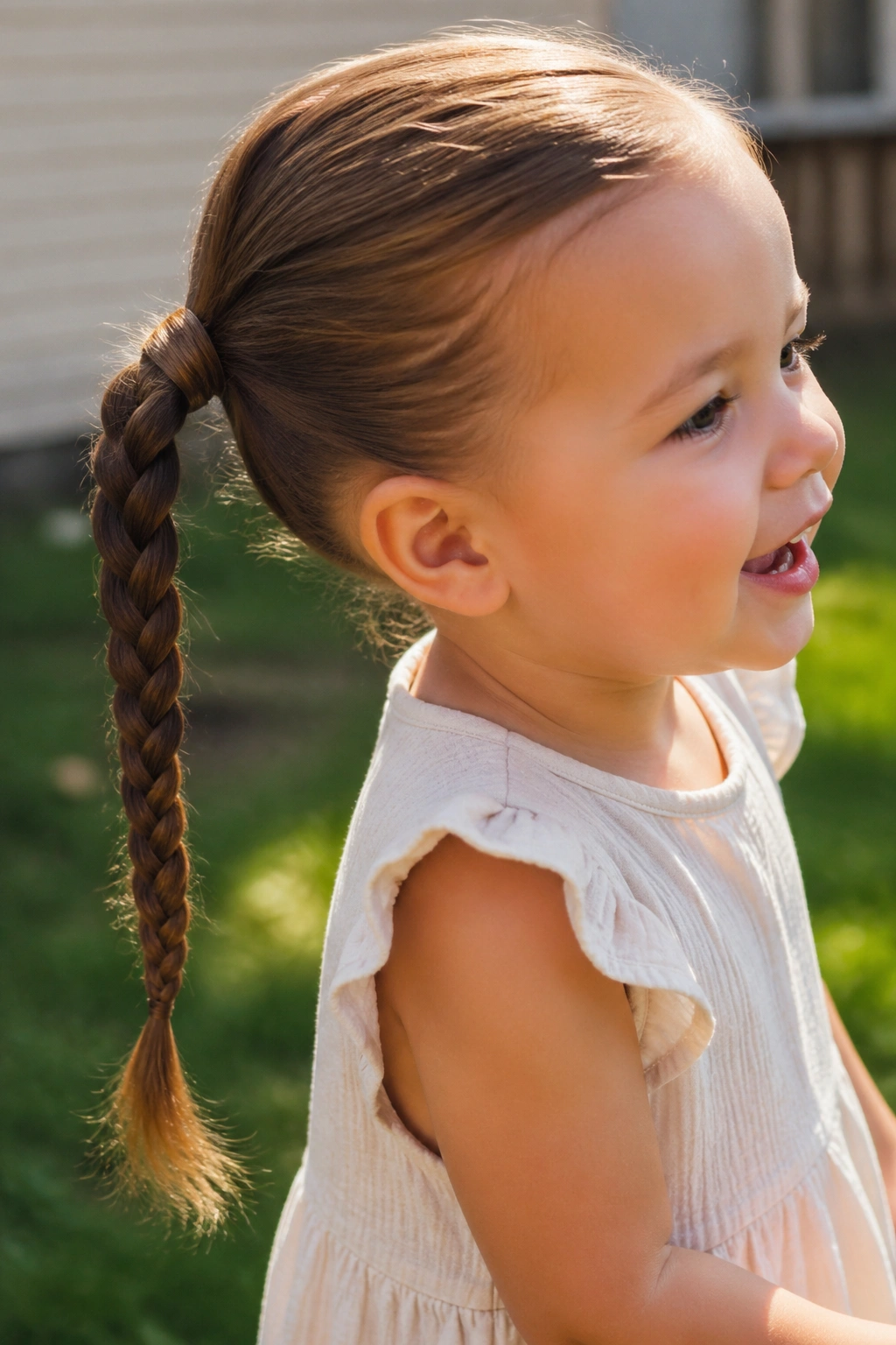 Close-up of a real toddler with a braided ponytail
