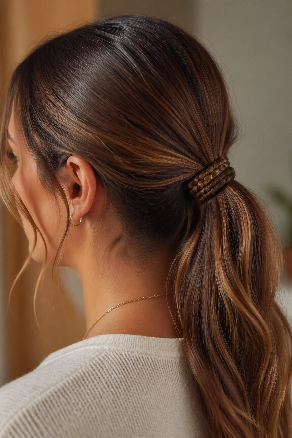 Close-up of real person with braided ponytail wrap concealing elastic