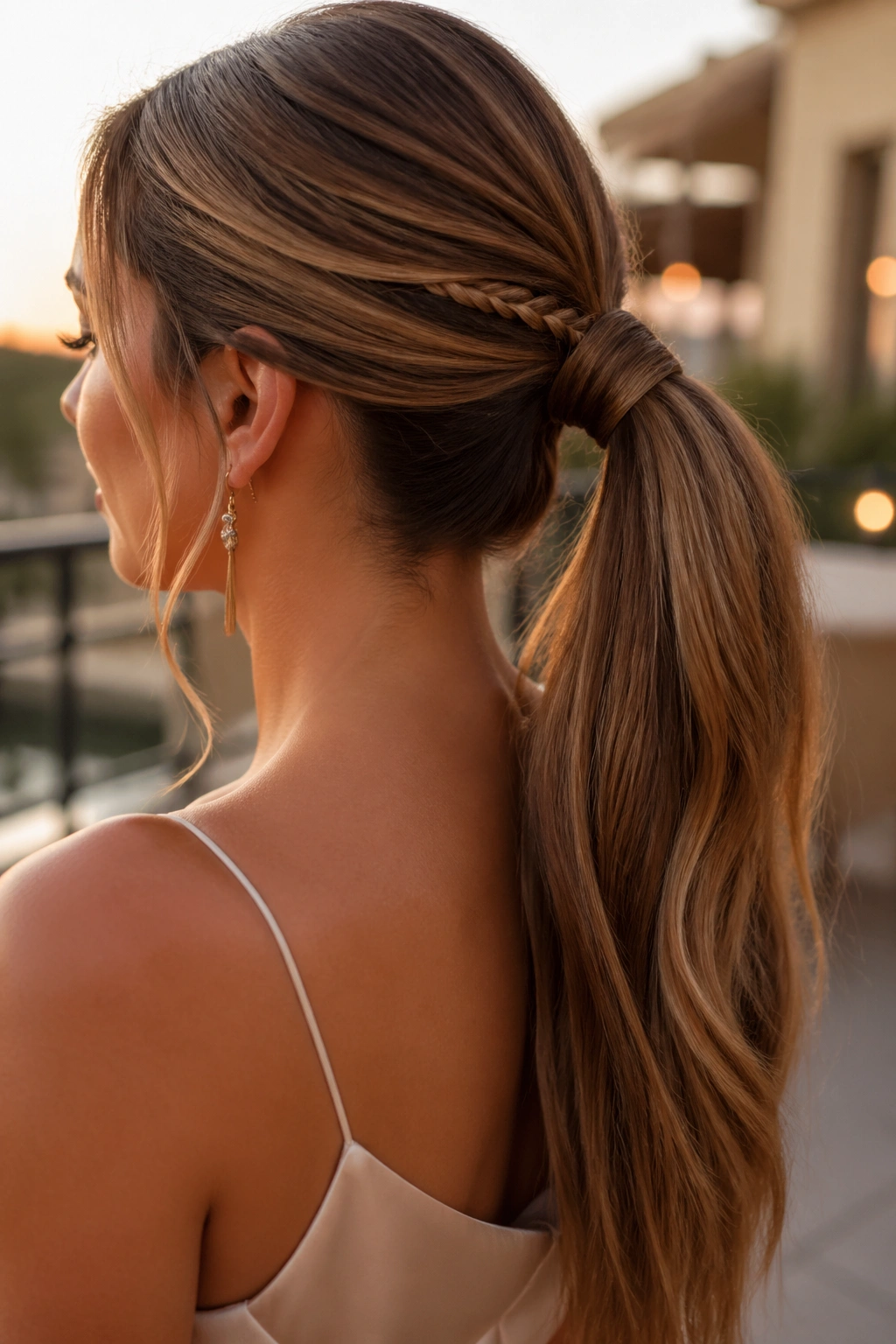 Close-up portrait of a real woman with a wrapped-basis braided ponytail in outdoor light
