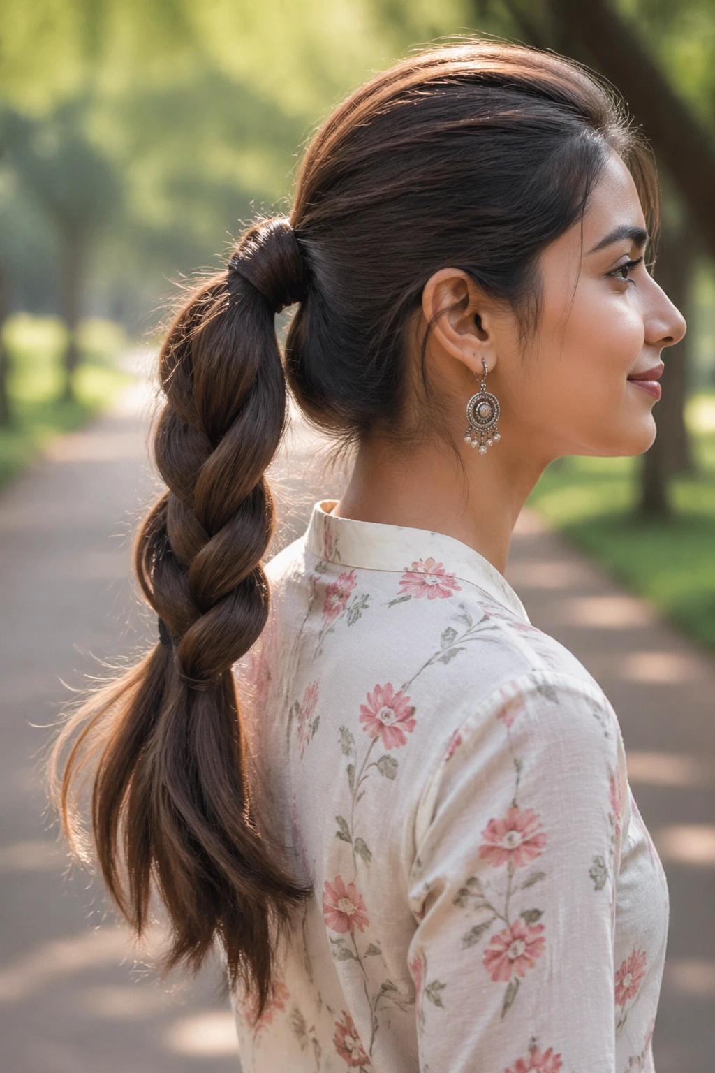 Close-up of a woman showcasing a braided ponytail with a wrap-around at the base