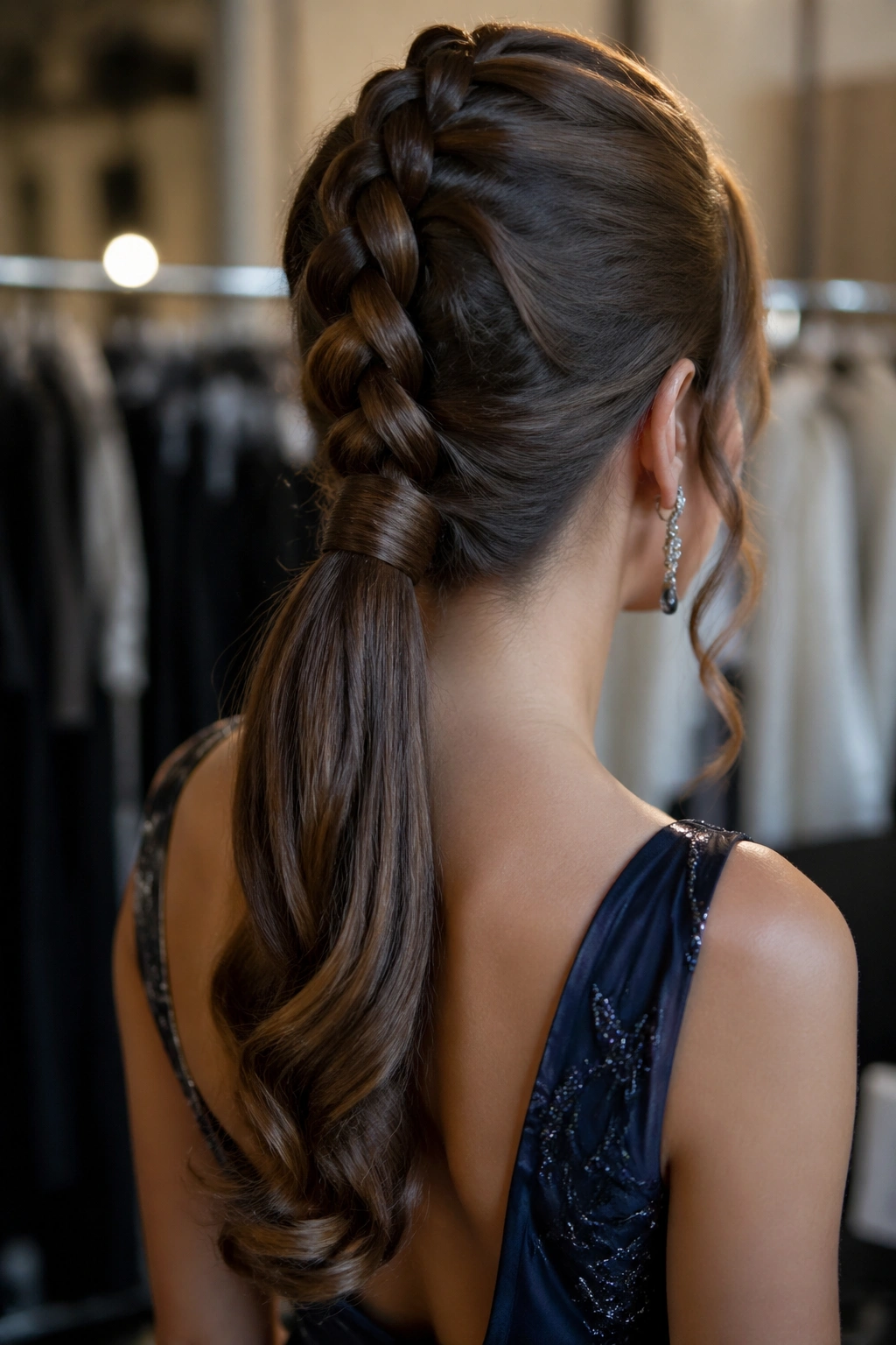 Rear view of a woman with a dragon braid feeding into a wrapped-base ponytail