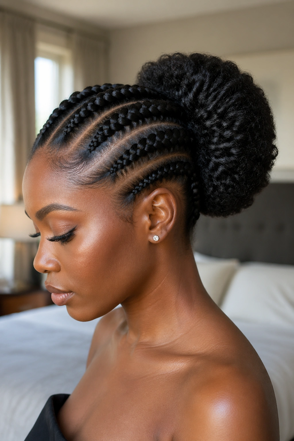 Close-up of a woman with a braided crown and puff updo under soft window light