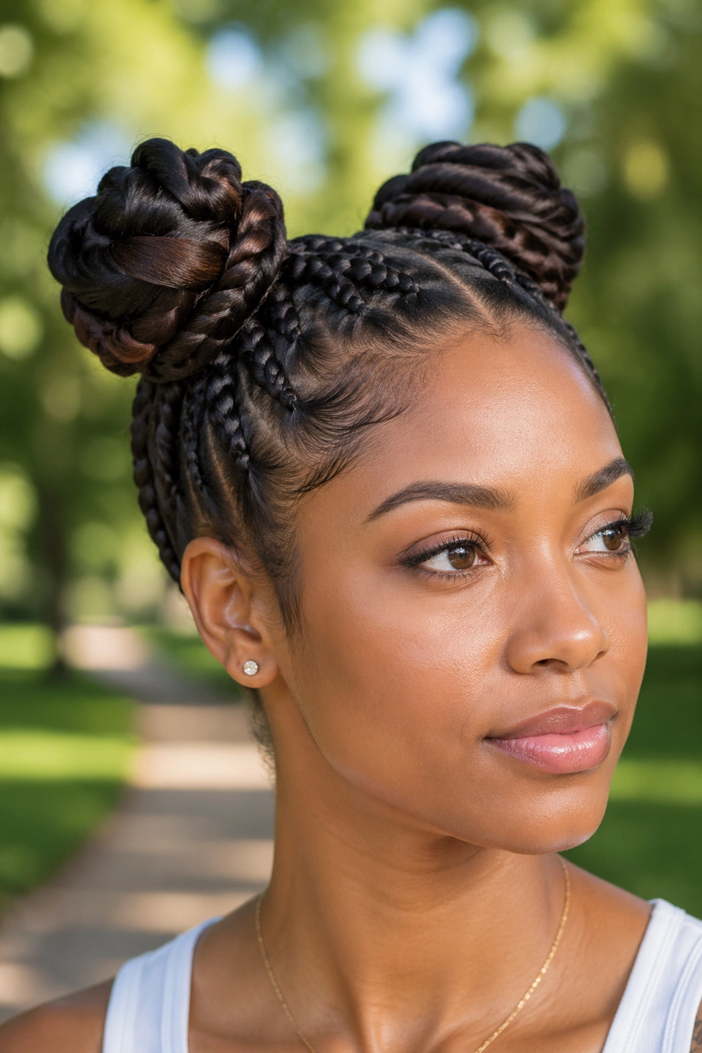 Close-up of a real woman with braided space bun hybrid hairstyle