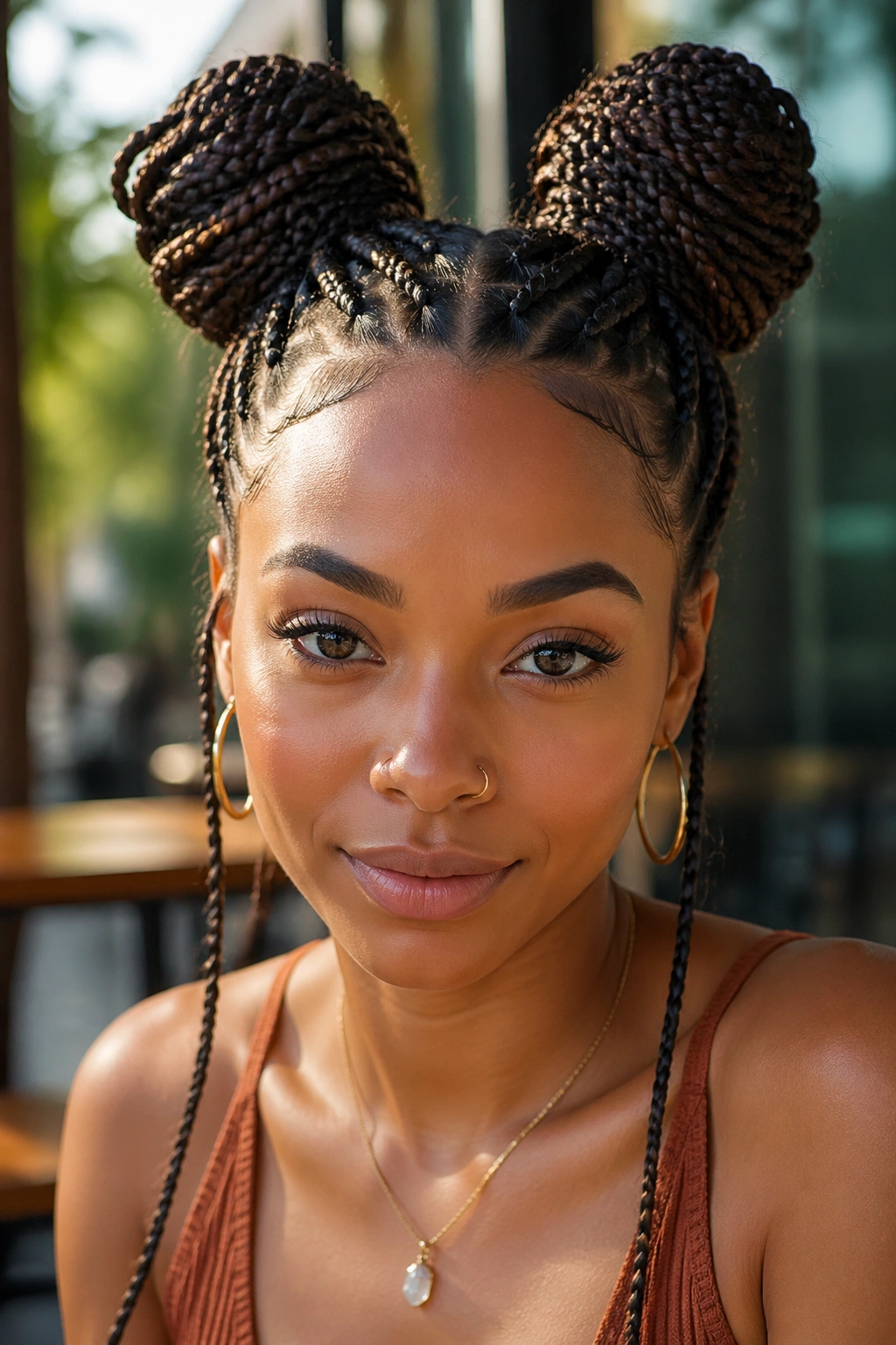 Close-up of a real person with braided space buns above the ears