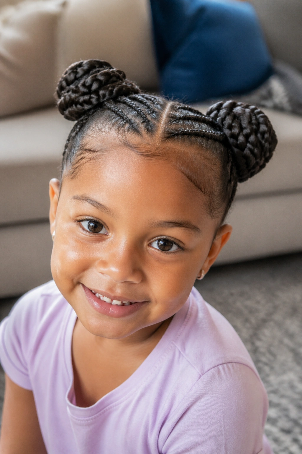 Two braided space buns on a real child, headshot
