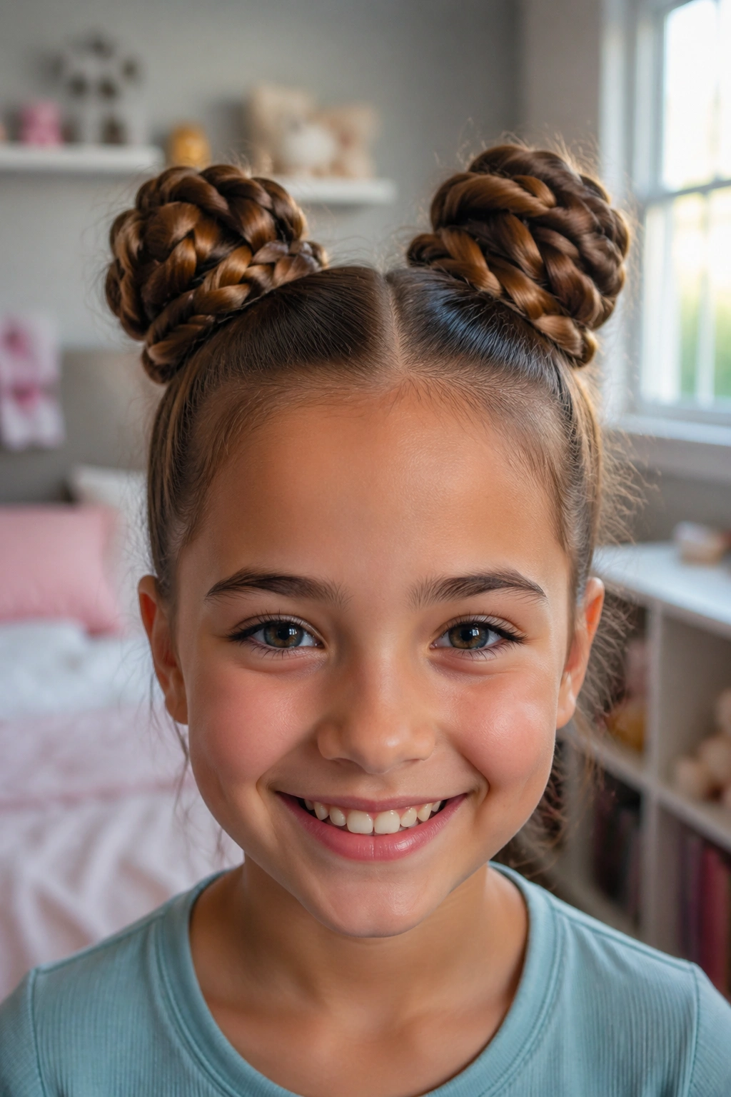 Close-up of a real girl with braided space buns high on her head.