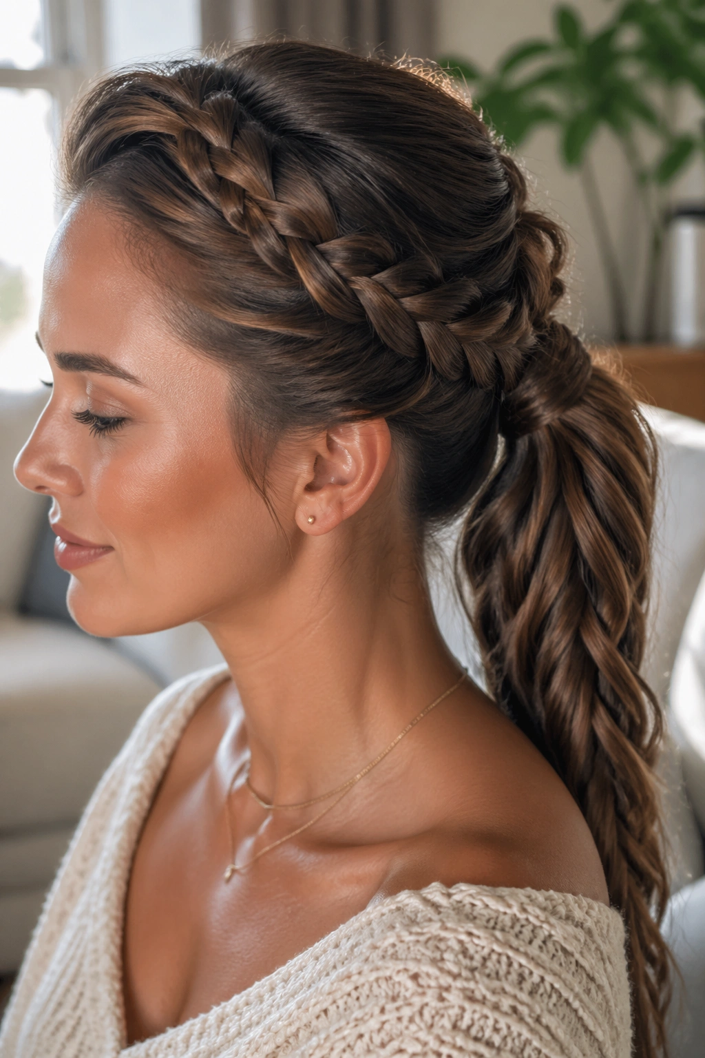 Close-up of a real woman with a braided side swoop into a French braid ponytail