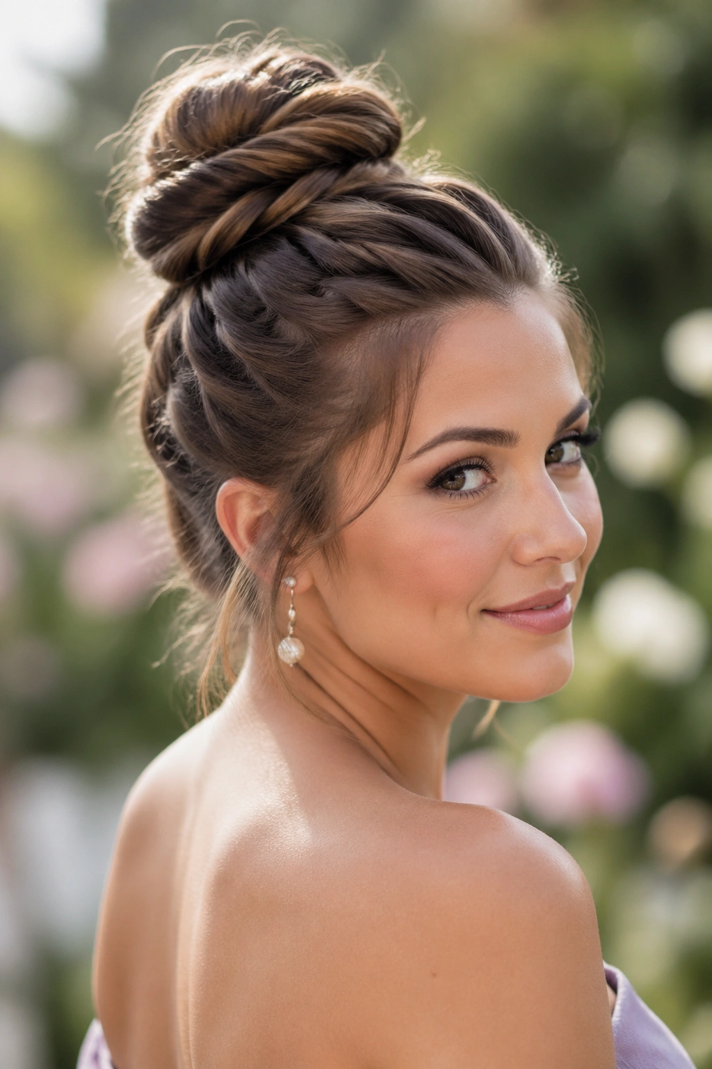 Portrait of a woman with a braided top knot.