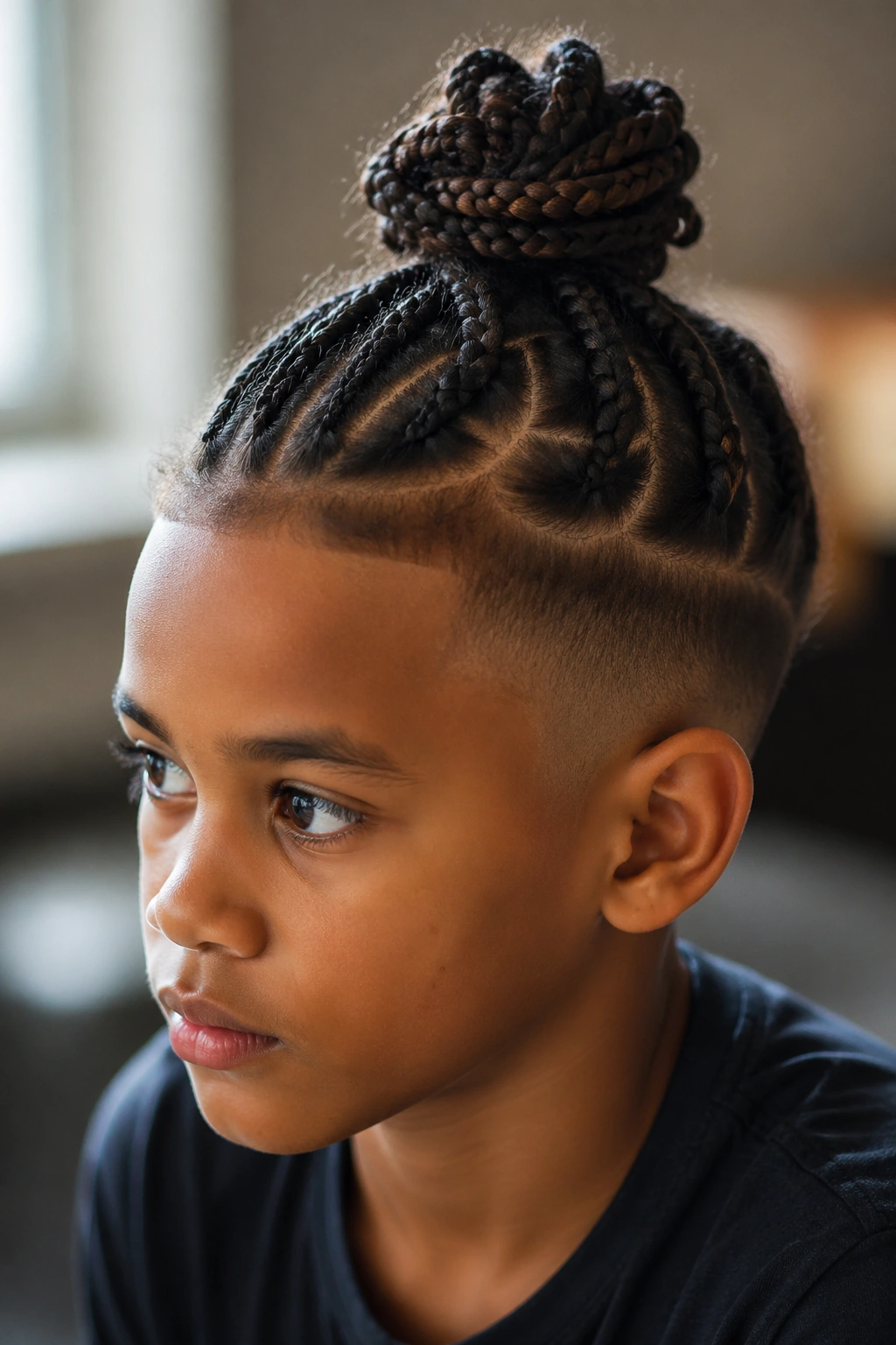 Close-up portrait of a boy with a braided top knot