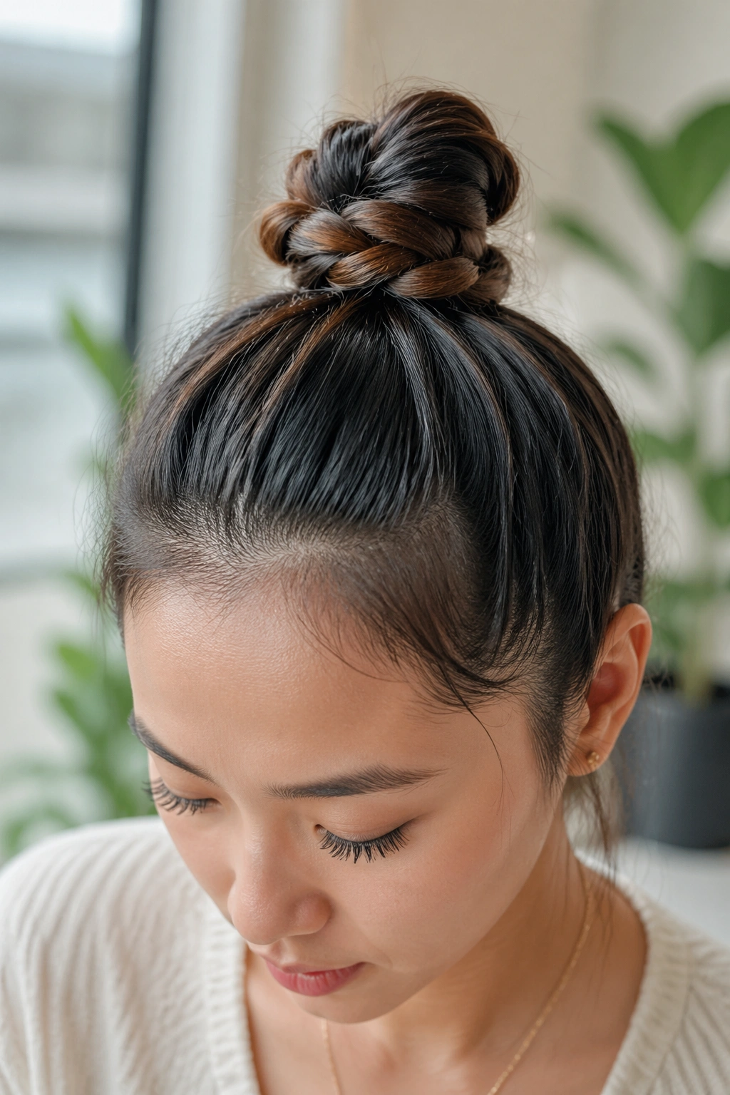 Real person with a braided top knot at the crown in a close-up portrait