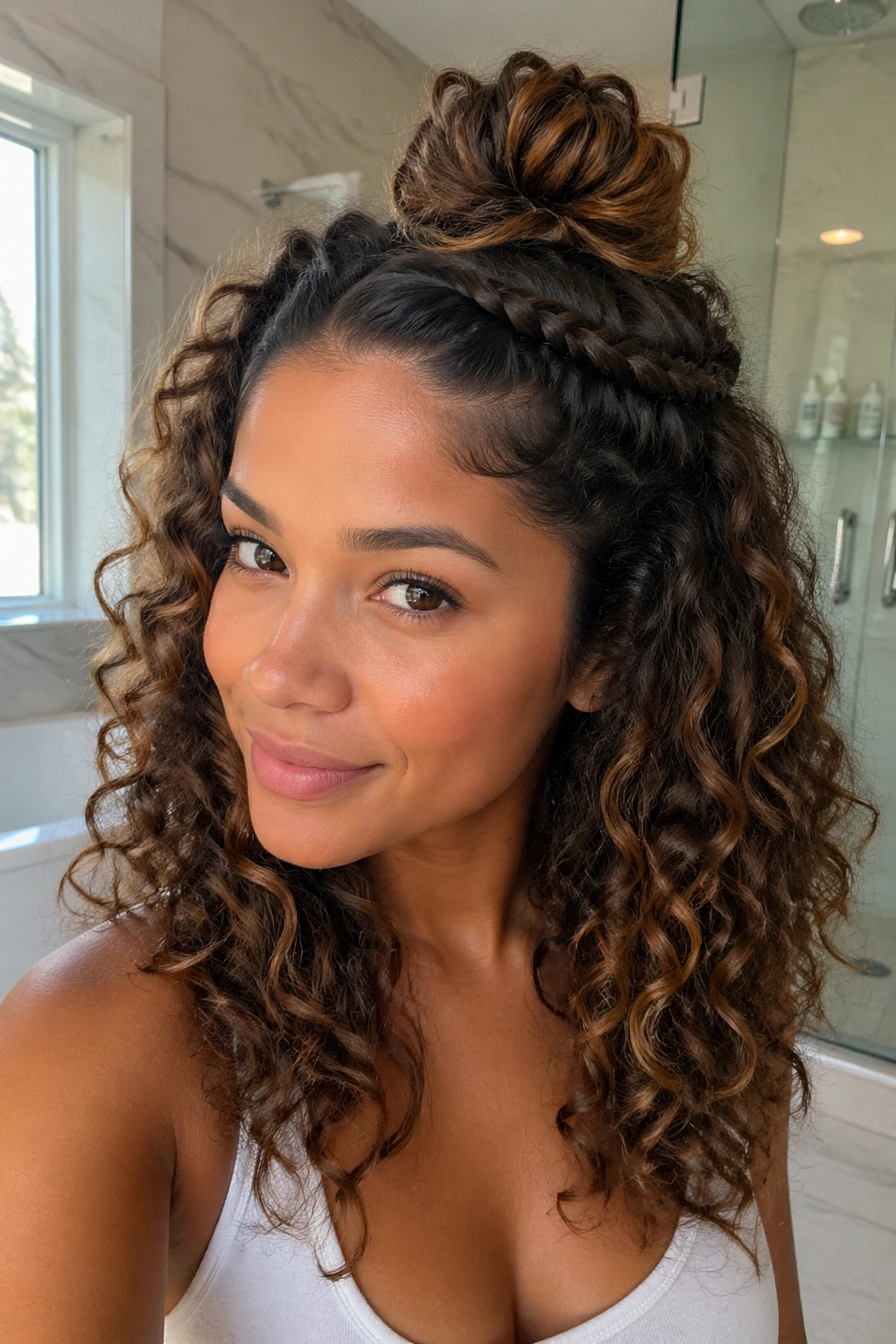 Braided top knot over loose curls on real woman with crown braid