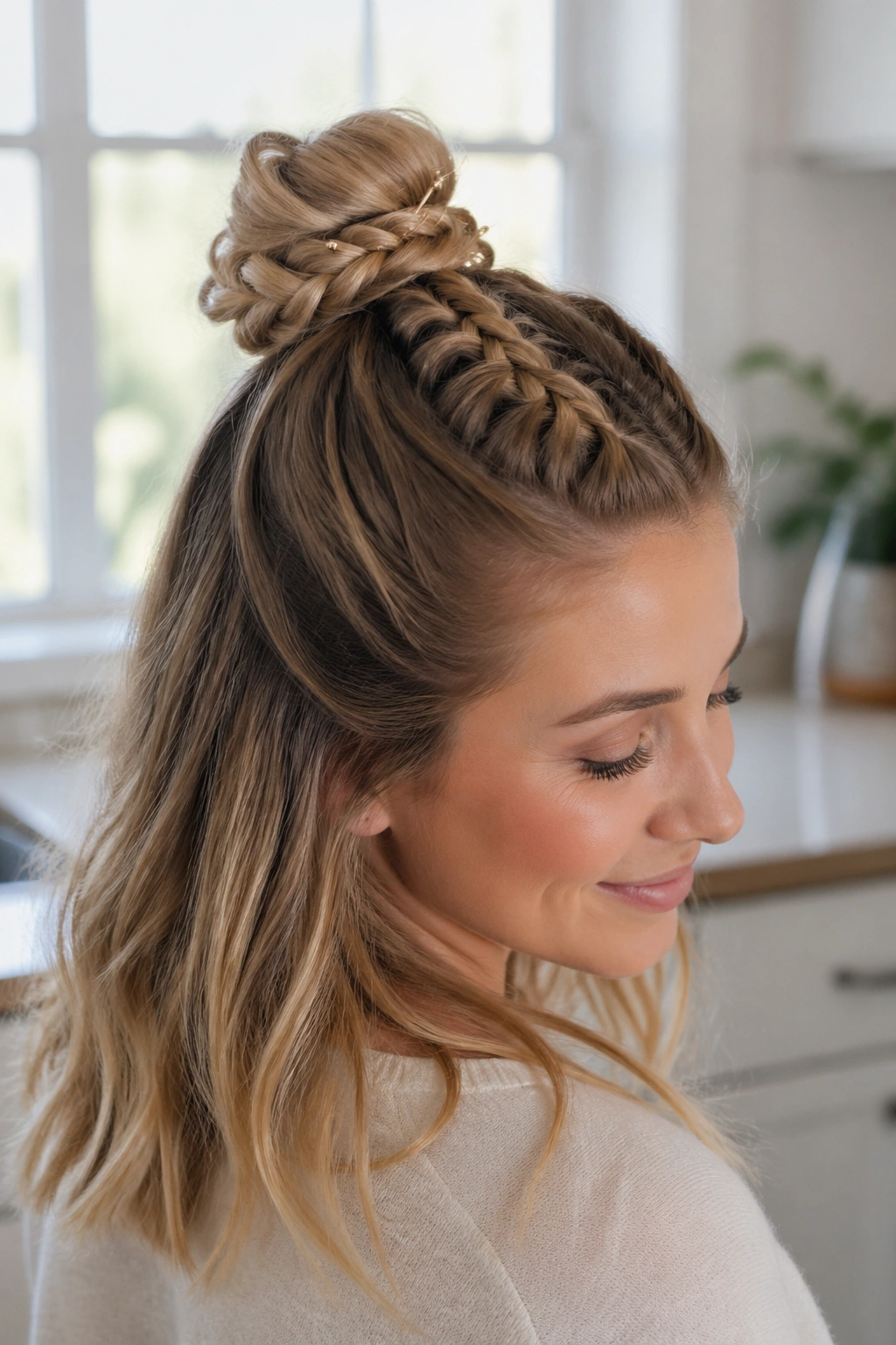 Close-up portrait of a real woman with a braided top knot half-up hairstyle