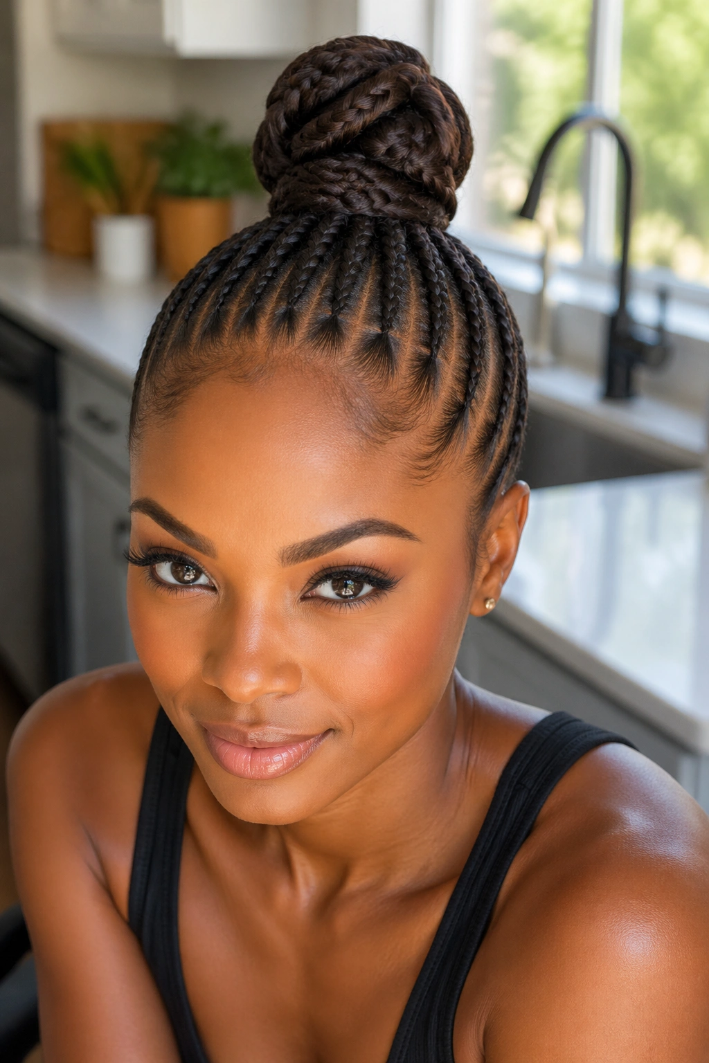 Close-up of braided top knot with wrapped base on a real woman in a bright kitchen