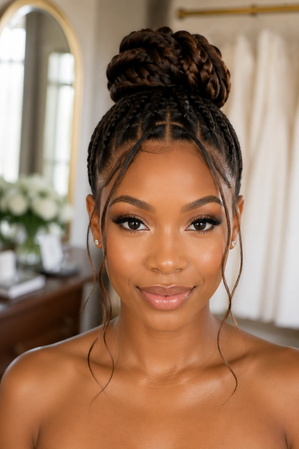 Front portrait of a real person showing a braided topknot with face-framing pieces