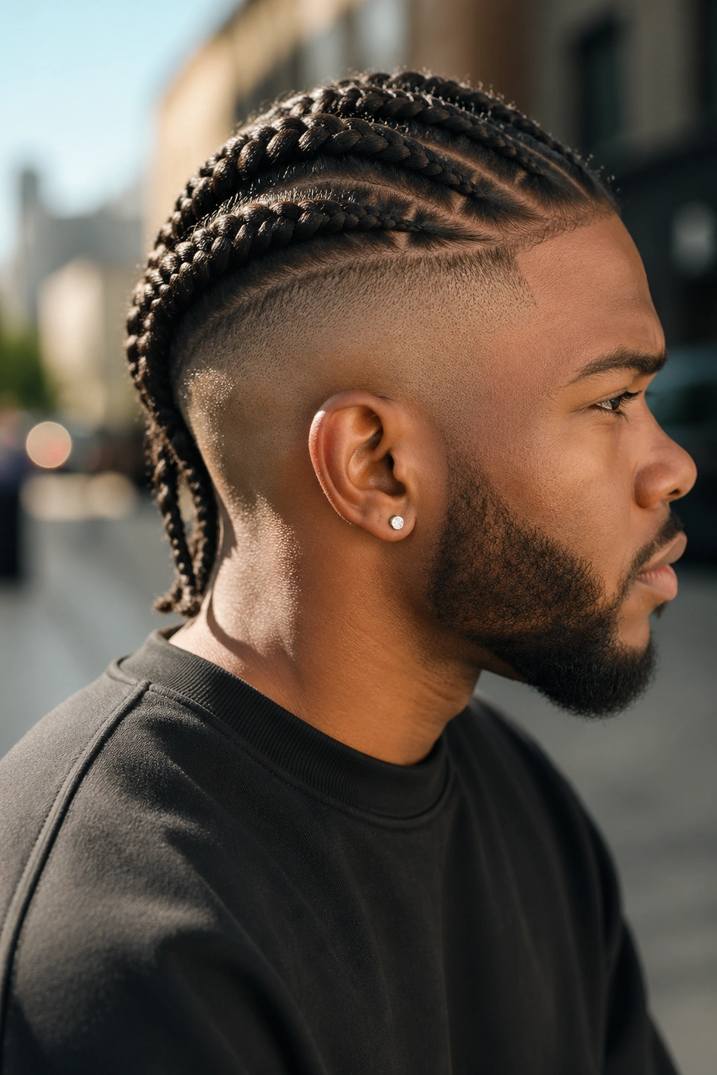 Man with braided undercut showing contrast between shaved sides and top braids