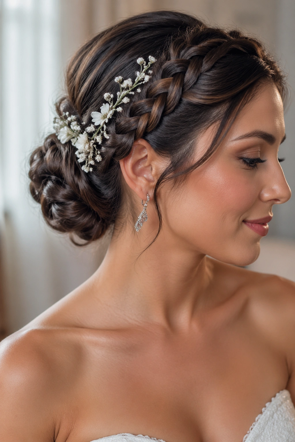 Bride with braided updo adorned with small floral pins