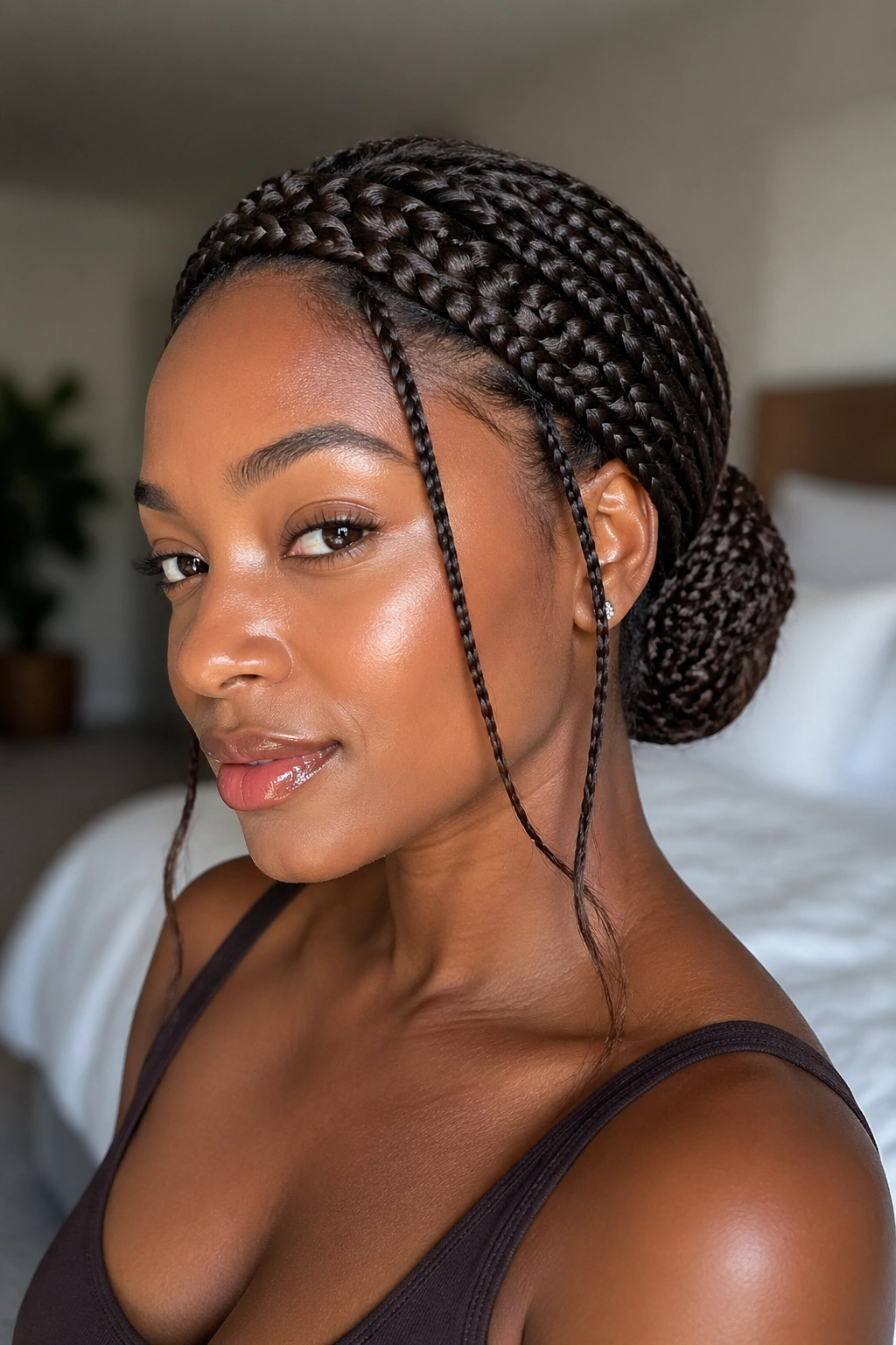 Close-up portrait of a real woman wearing a pinned-back braided headband updo