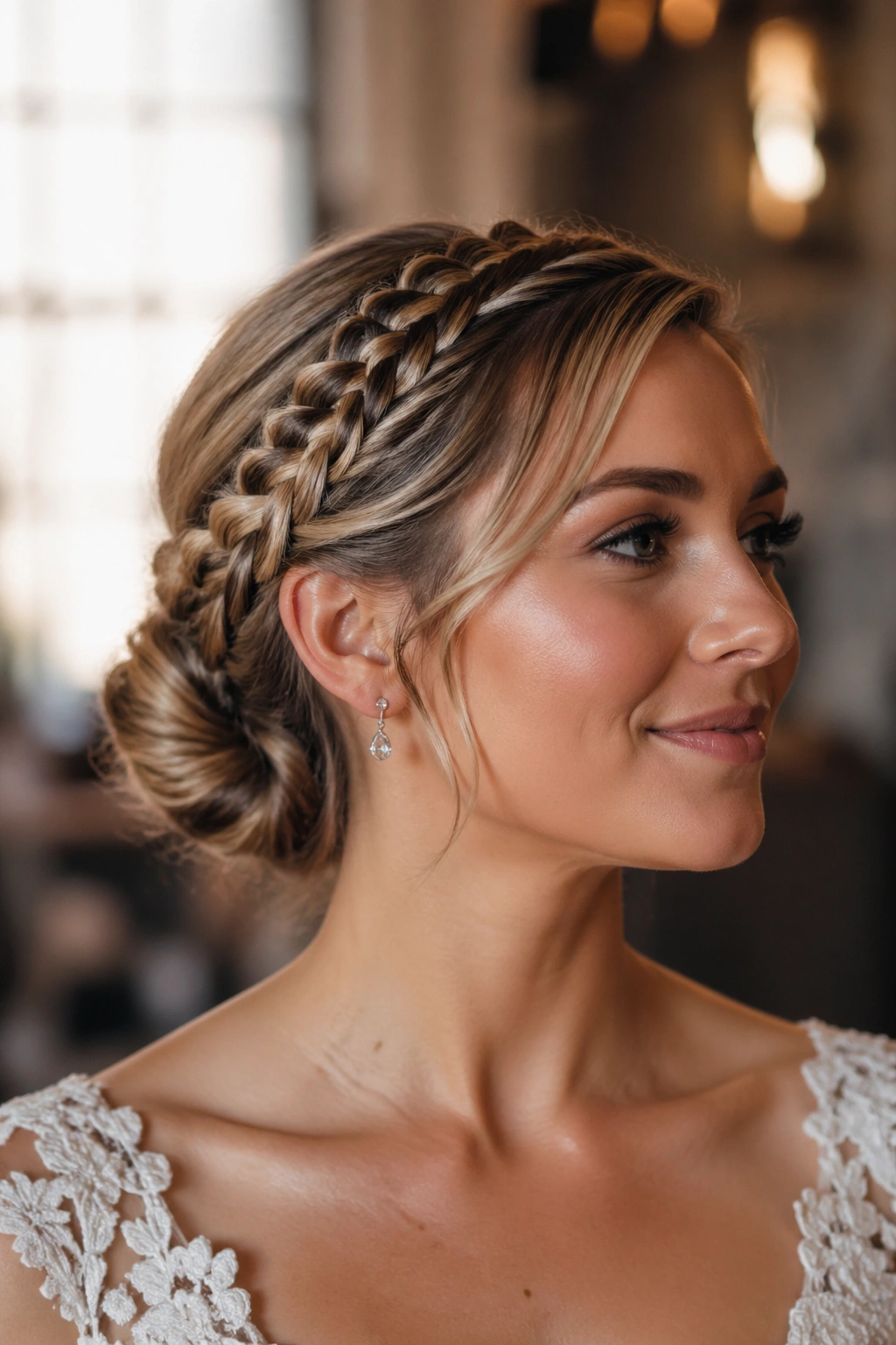 Close-up of a bride with a short braided updo, hairline braids and a low bun
