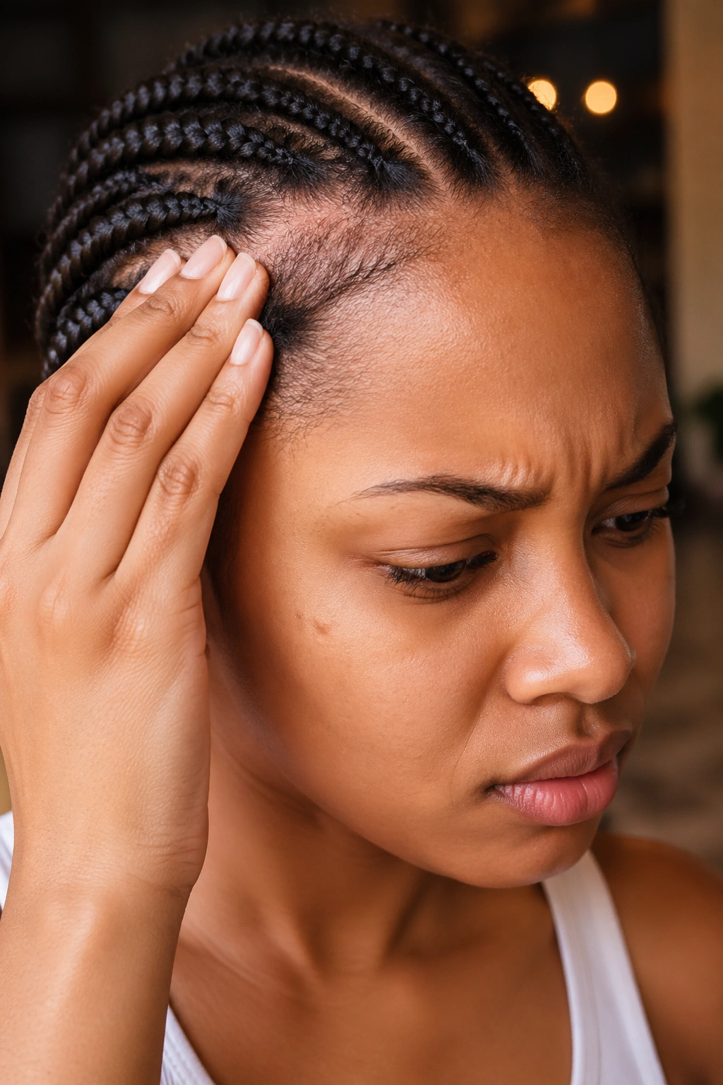 Close-up of person with braids showing tension at scalp