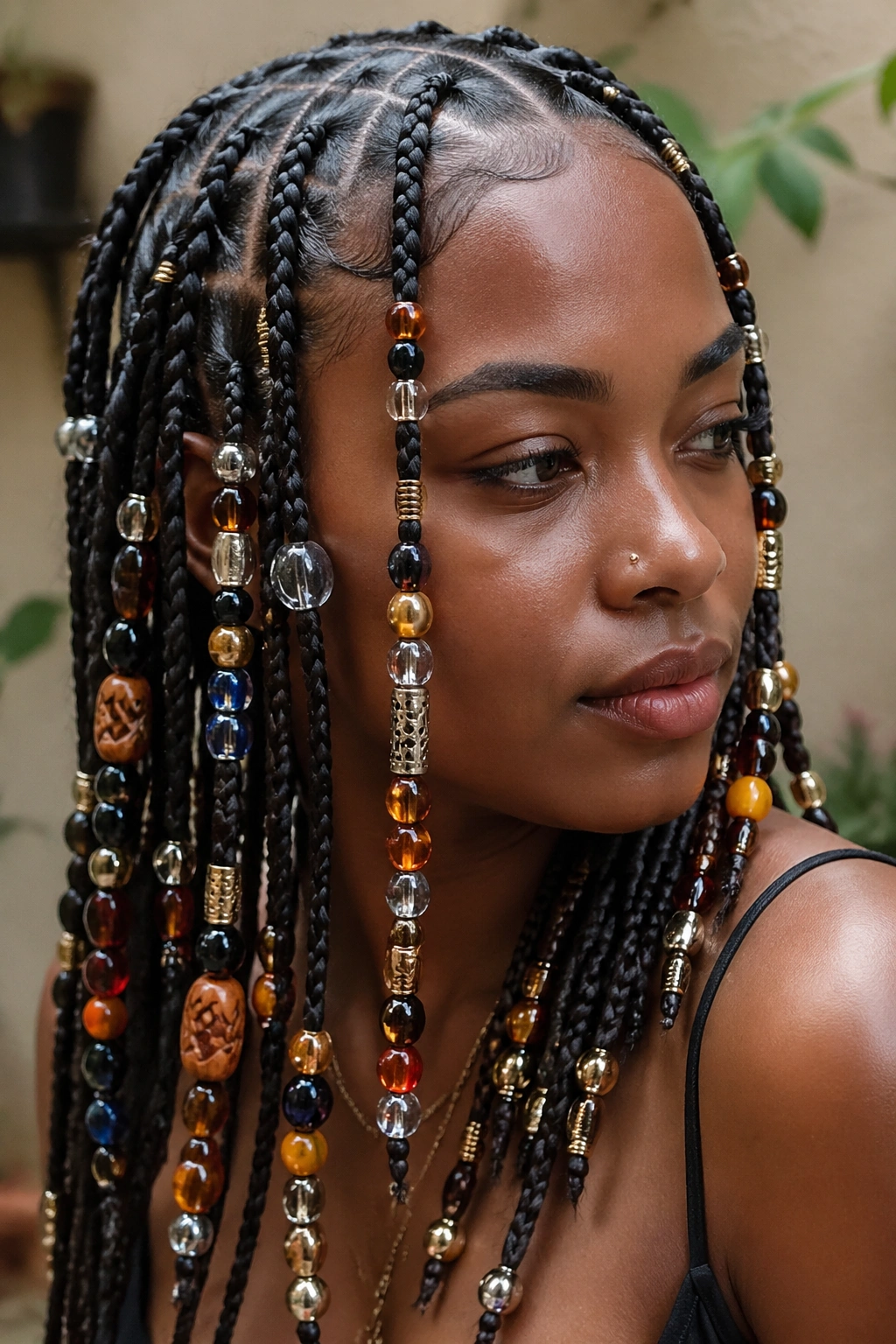 Close-up of a real person’s braids adorned with beads in a courtyard setting