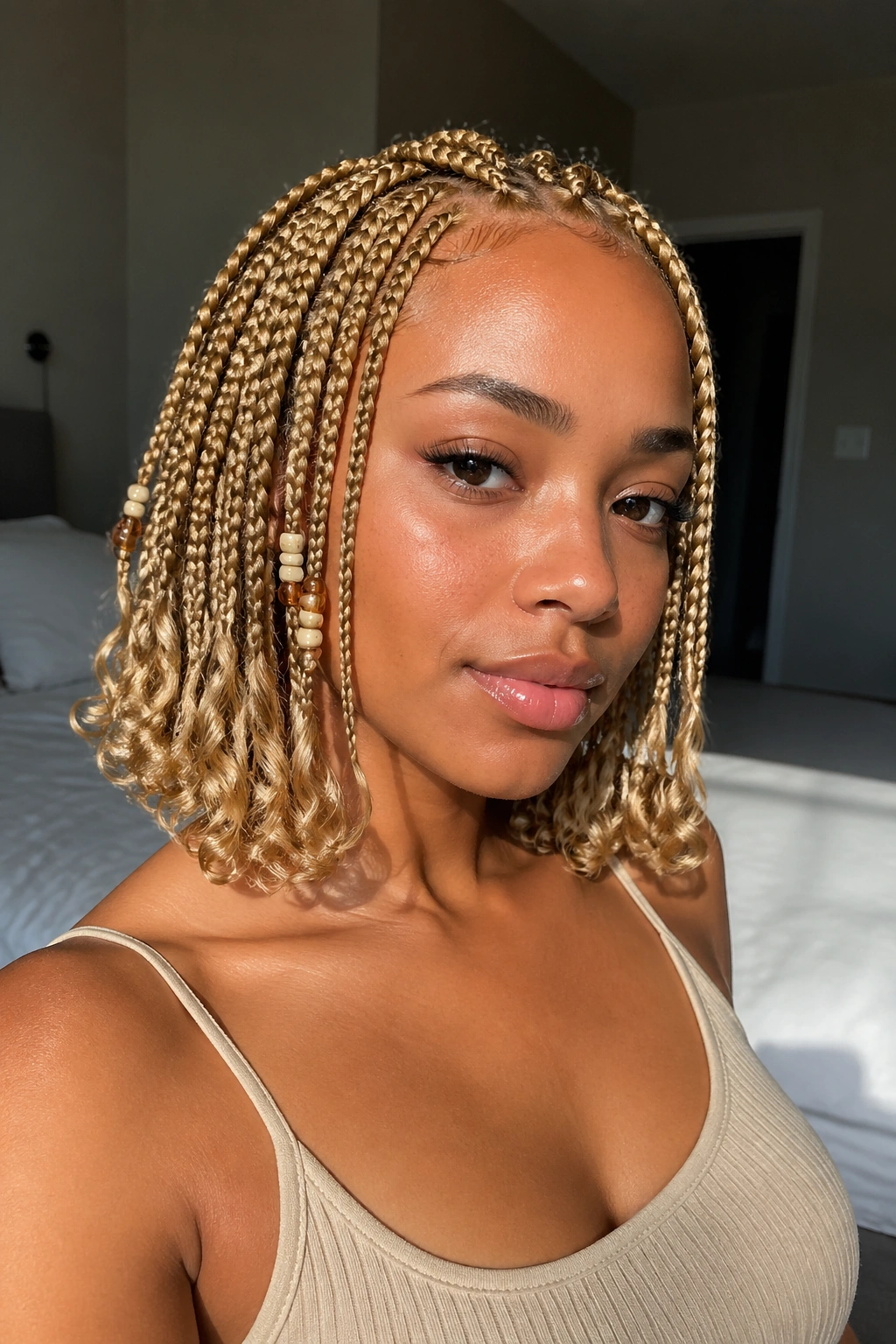 Close-up of a real woman with short blonde box braids and beads on front braids, with loose curly ends in warm light