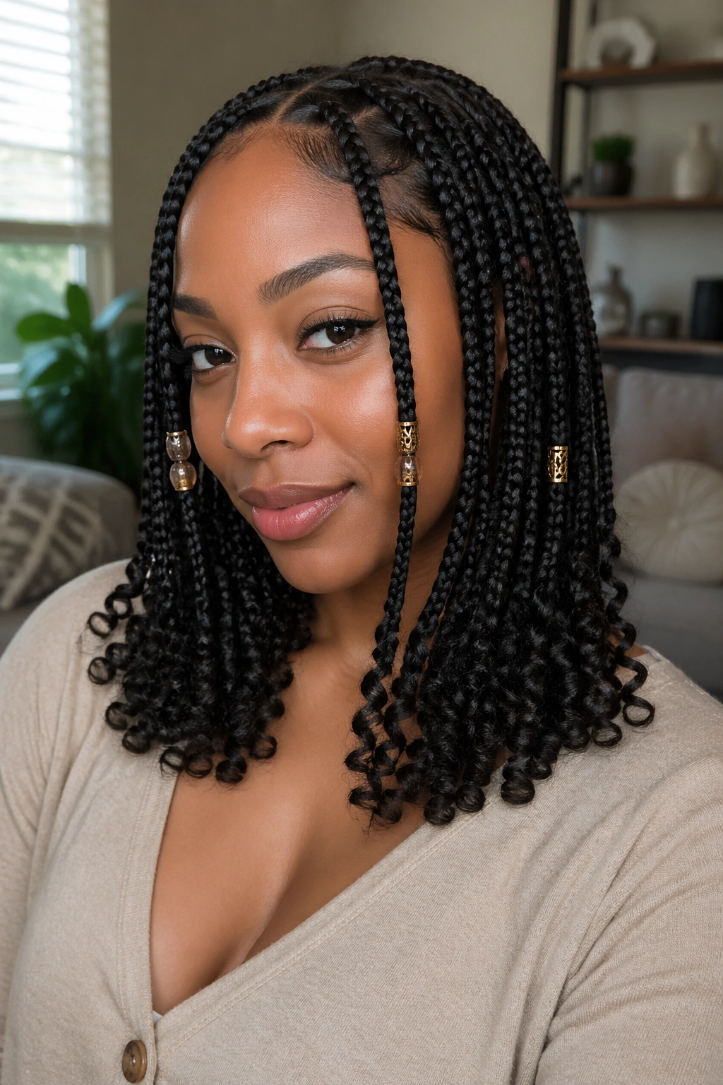 Close-up of a real person with knotless braids adorned with beads and gold cuffs near the front