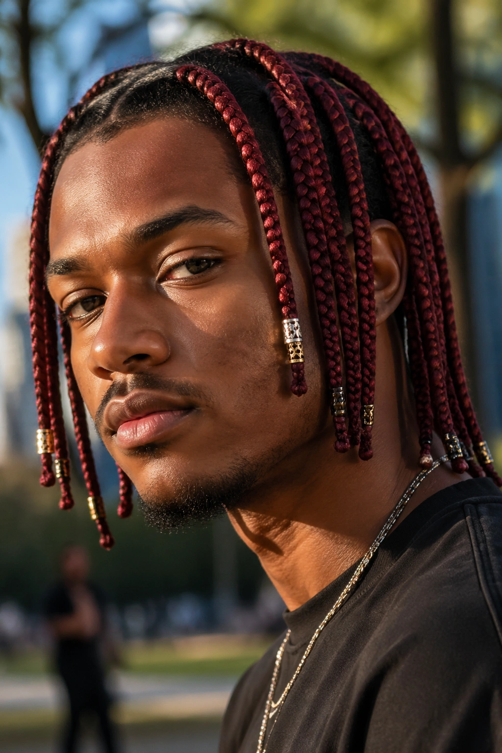 Close-up of a real man with red box braids beads and cuffs