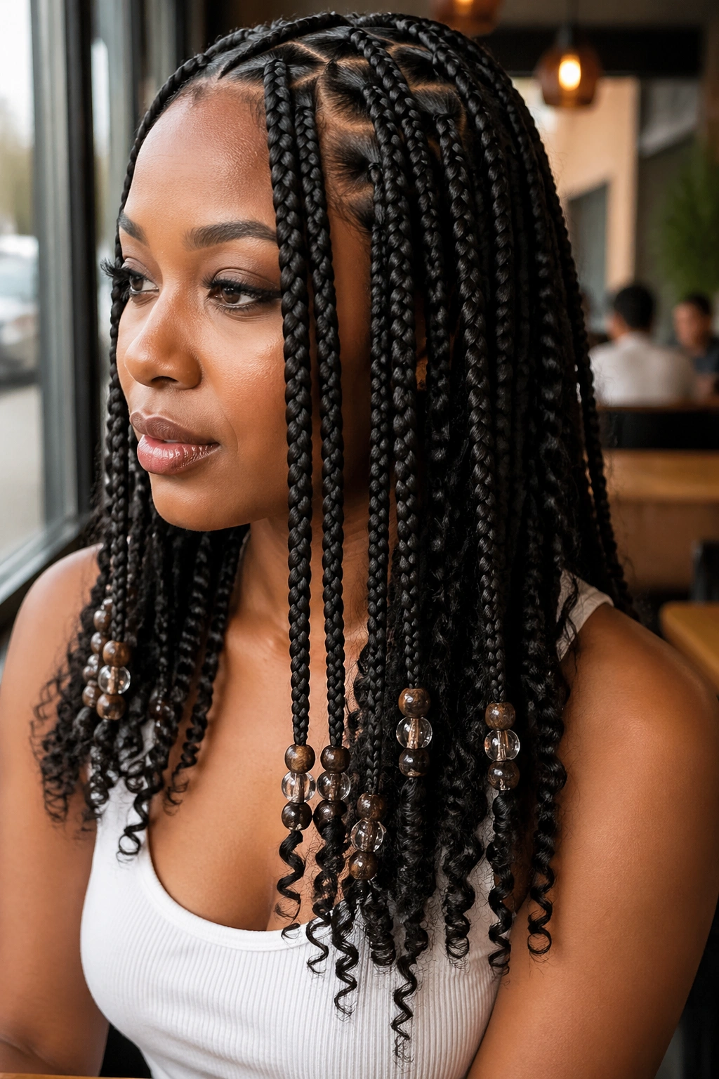 Close-up of a real person with beads on triangle-part box braids and curly tails in cafe window light