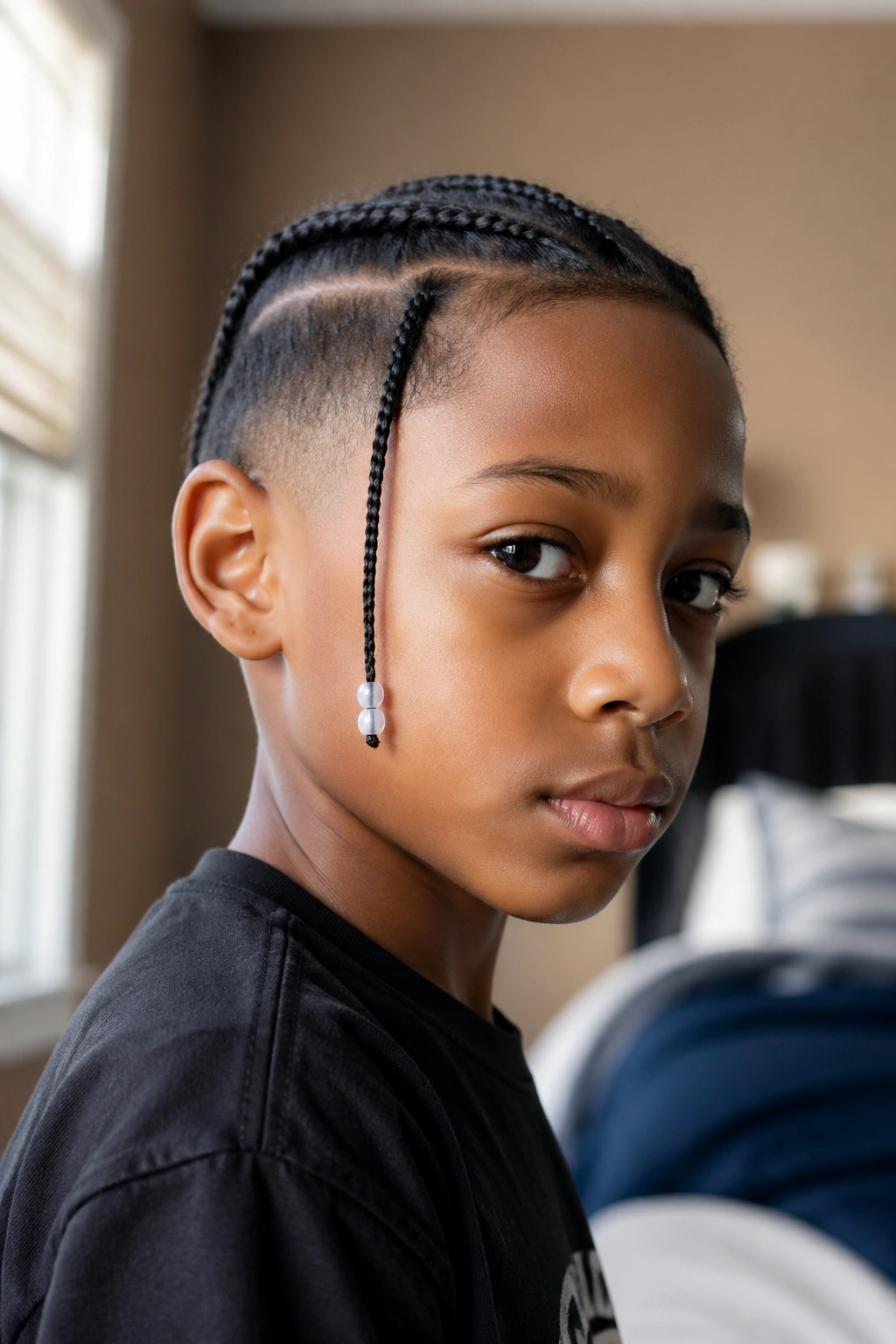 Close-up of a real boy's head with a beaded braid at the end in a cozy bedroom