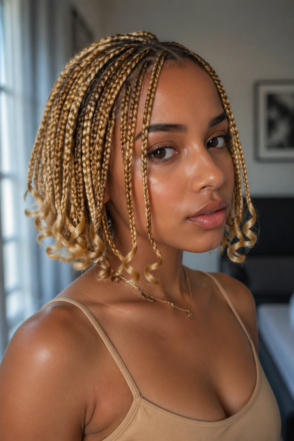 Close-up of a real woman with honey and butter blonde bob braids and face-framing layers, softly lit