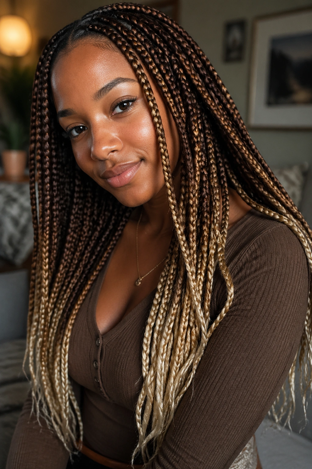 Close-up of warm brown braids with soft blonde tips on a real person