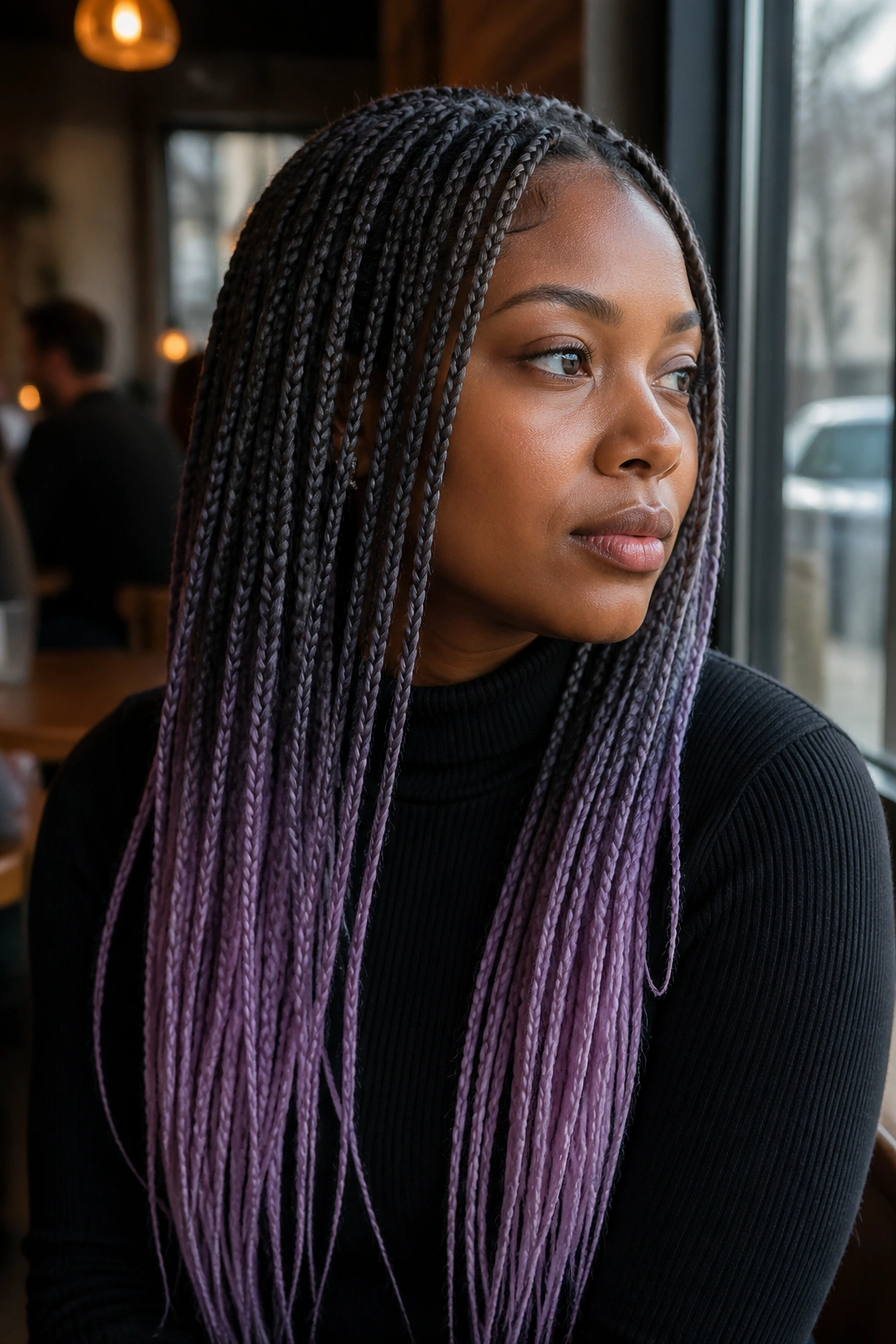 Close-up portrait of a real person with charcoal gray braids and lilac ends