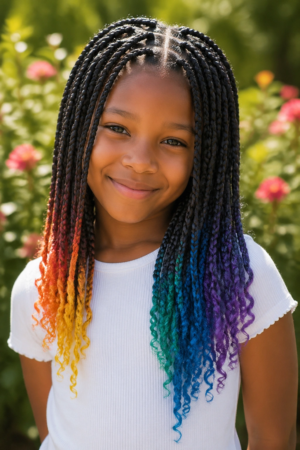 Close-up of real child with rainbow braids and colored tips