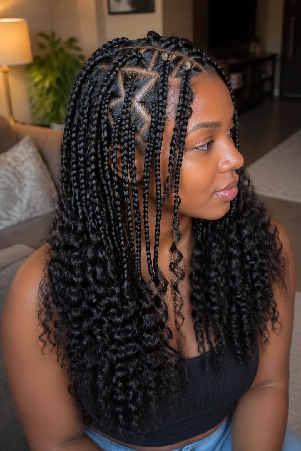 Close-up of a real person with crimped ends on triangle-part braids in a cozy living room