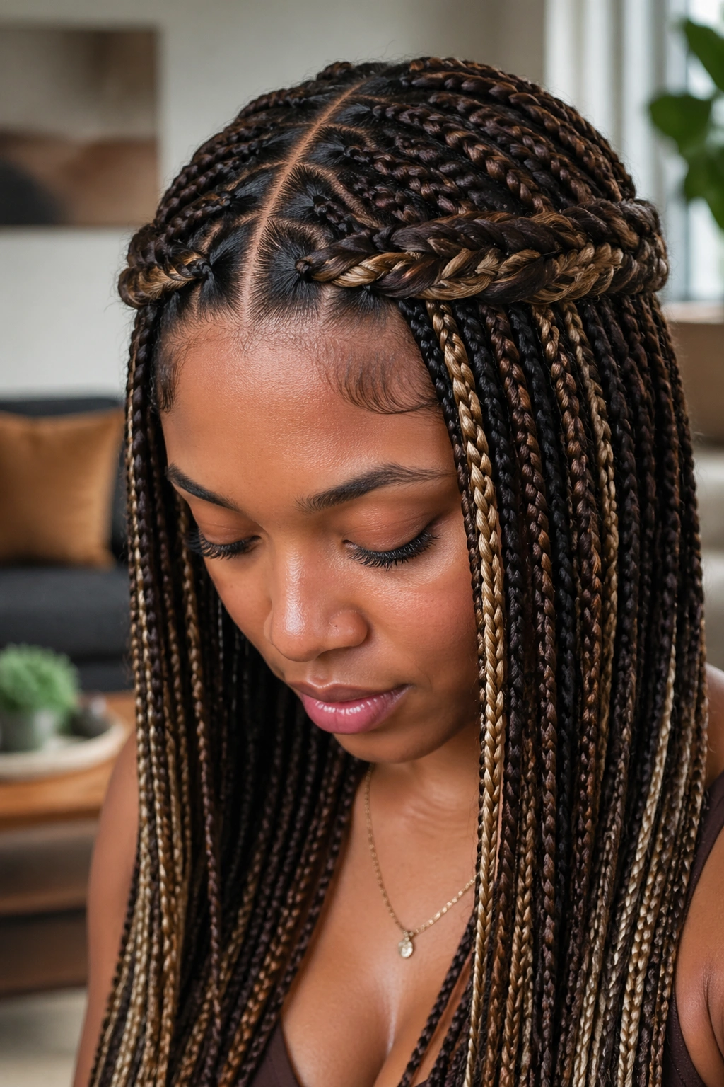 Close-up of boho box braids with a braided crown detail on a real person