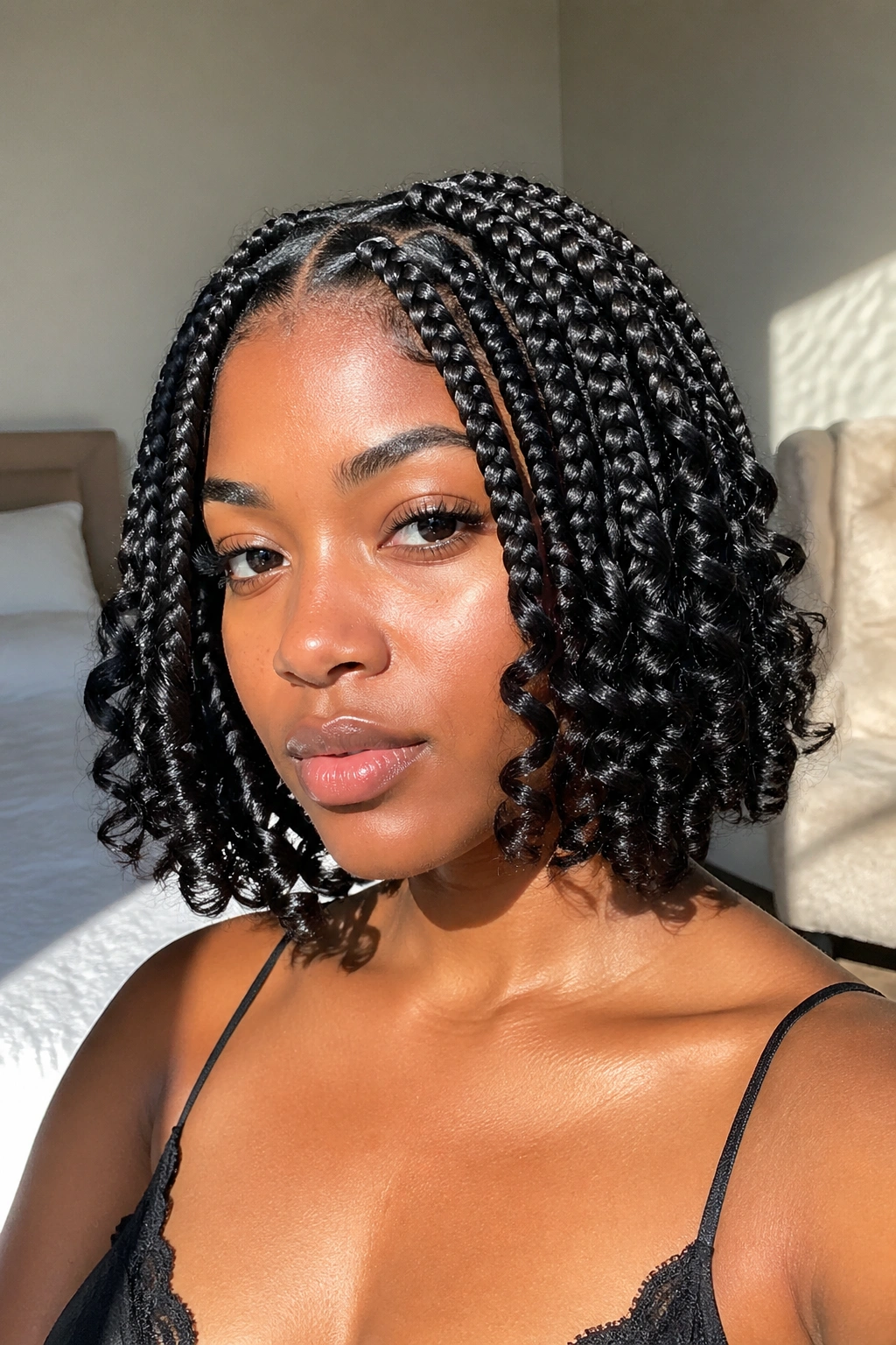 Close-up of a real woman with a jaw-length braided bob and curly ends in warm natural light