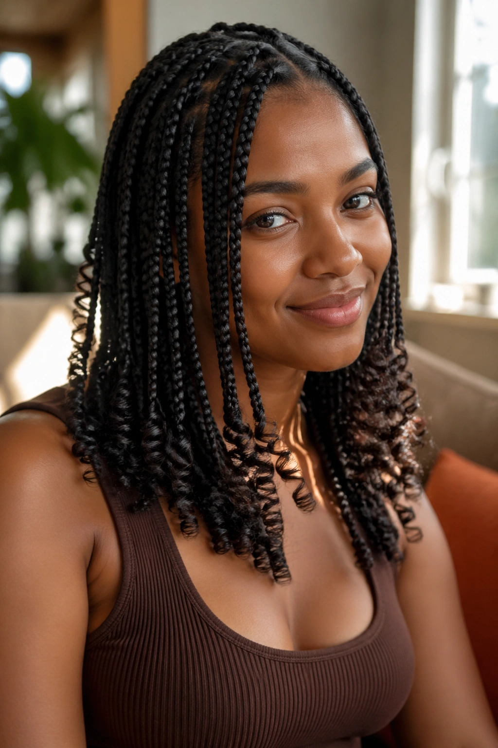 Close-up of a real woman with braids ending in curly ends.