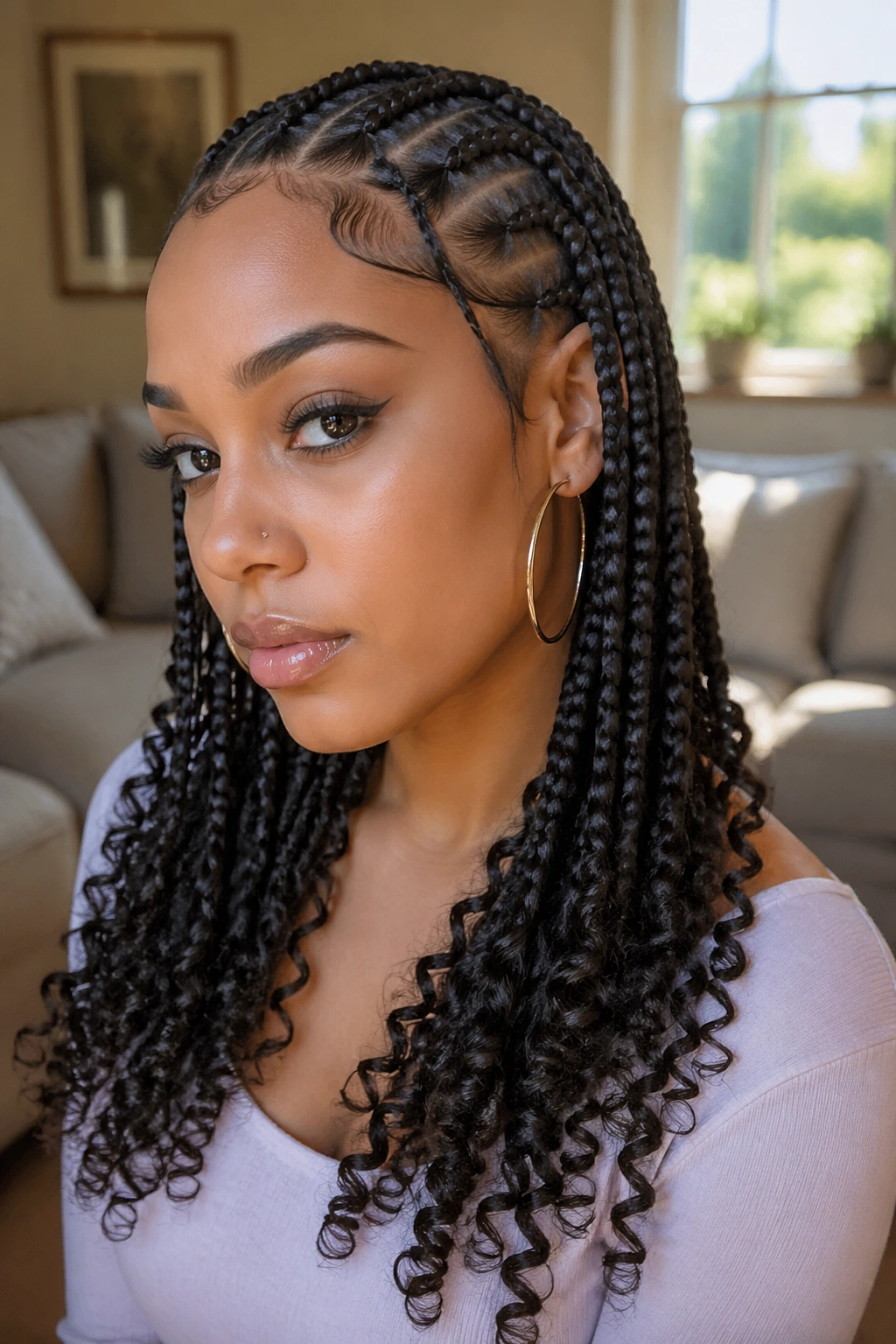 Real woman with braids ending in curls in natural window light