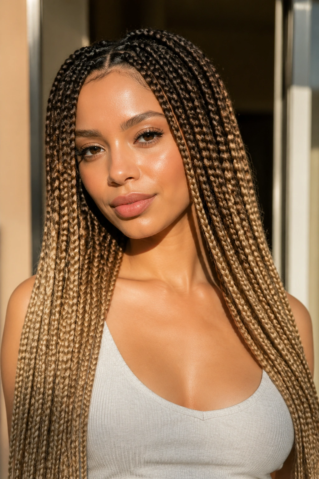 Close-up portrait of a real woman with espresso-rooted waist-length braids and blonde midsections.