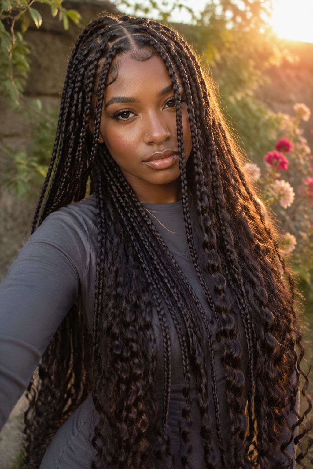 Close-up of a real person with extra-long triangle-part braids and feathered ends in a golden-hour garden