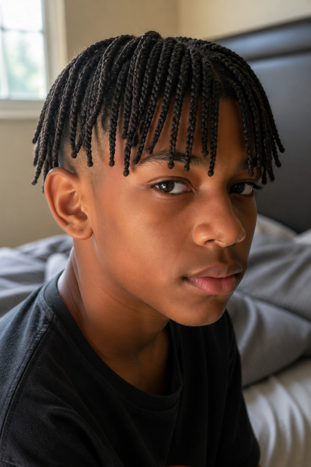 Close-up of a real boy with braided fringe medium box braids