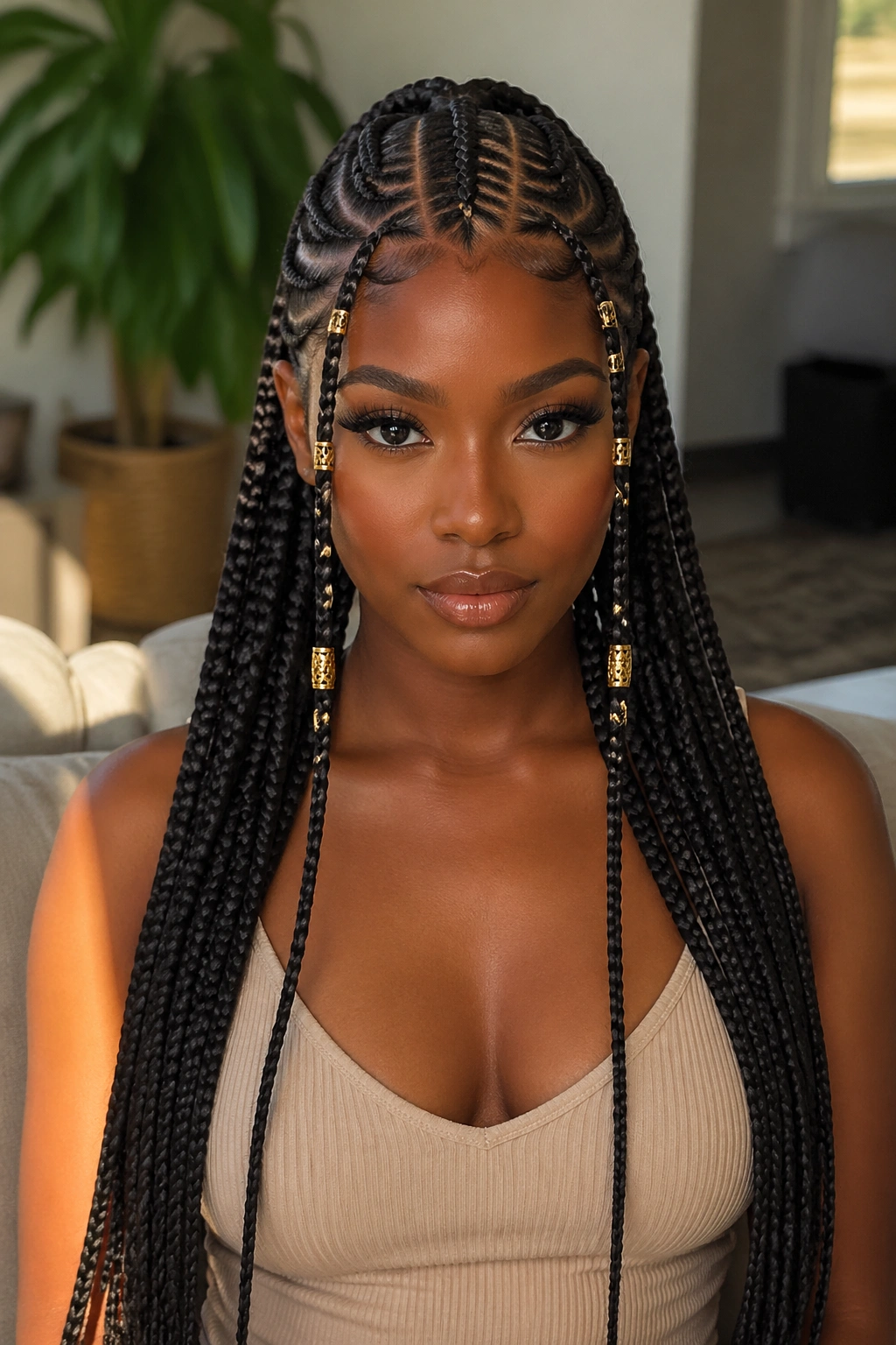 Front-facing portrait of a real woman with Fulani braids and a braided center track.