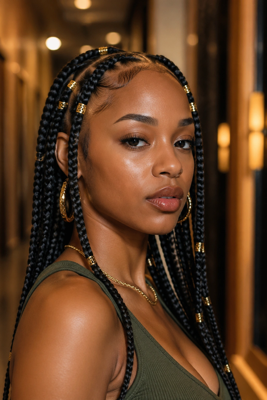 Real woman with braids and gold cuffs